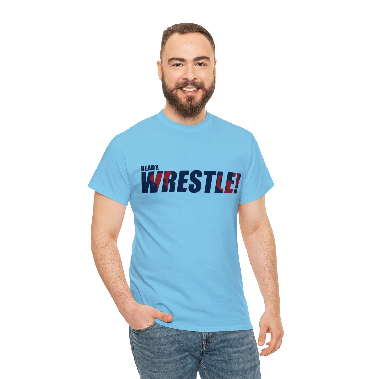 Ready. Wrestle! Navy Logo w/Red Silhouettes, Unisex Heavy Cotton Tee