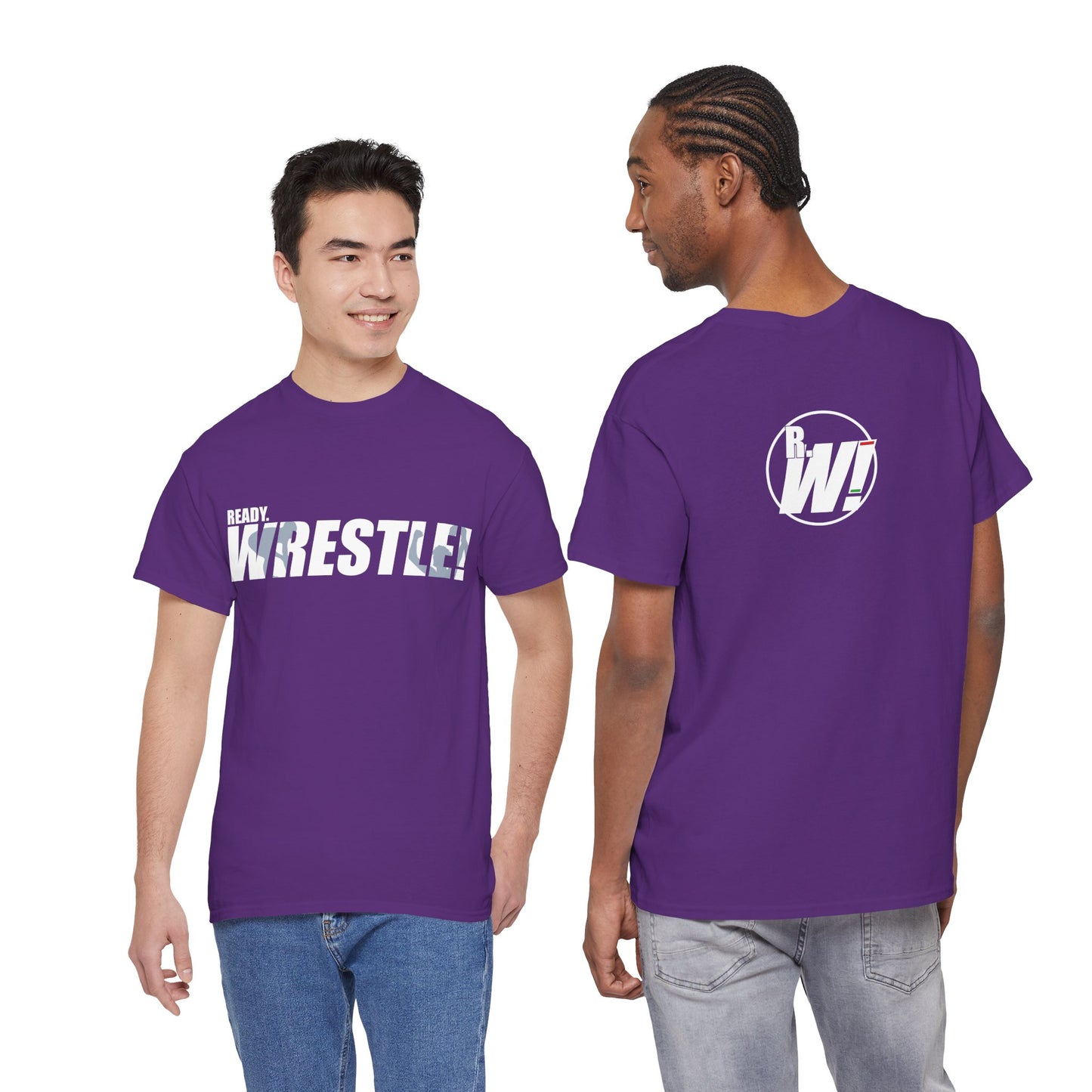 Ready. Wrestle! White Logo w/Blue Silhouettes, Unisex Heavy Cotton Tee