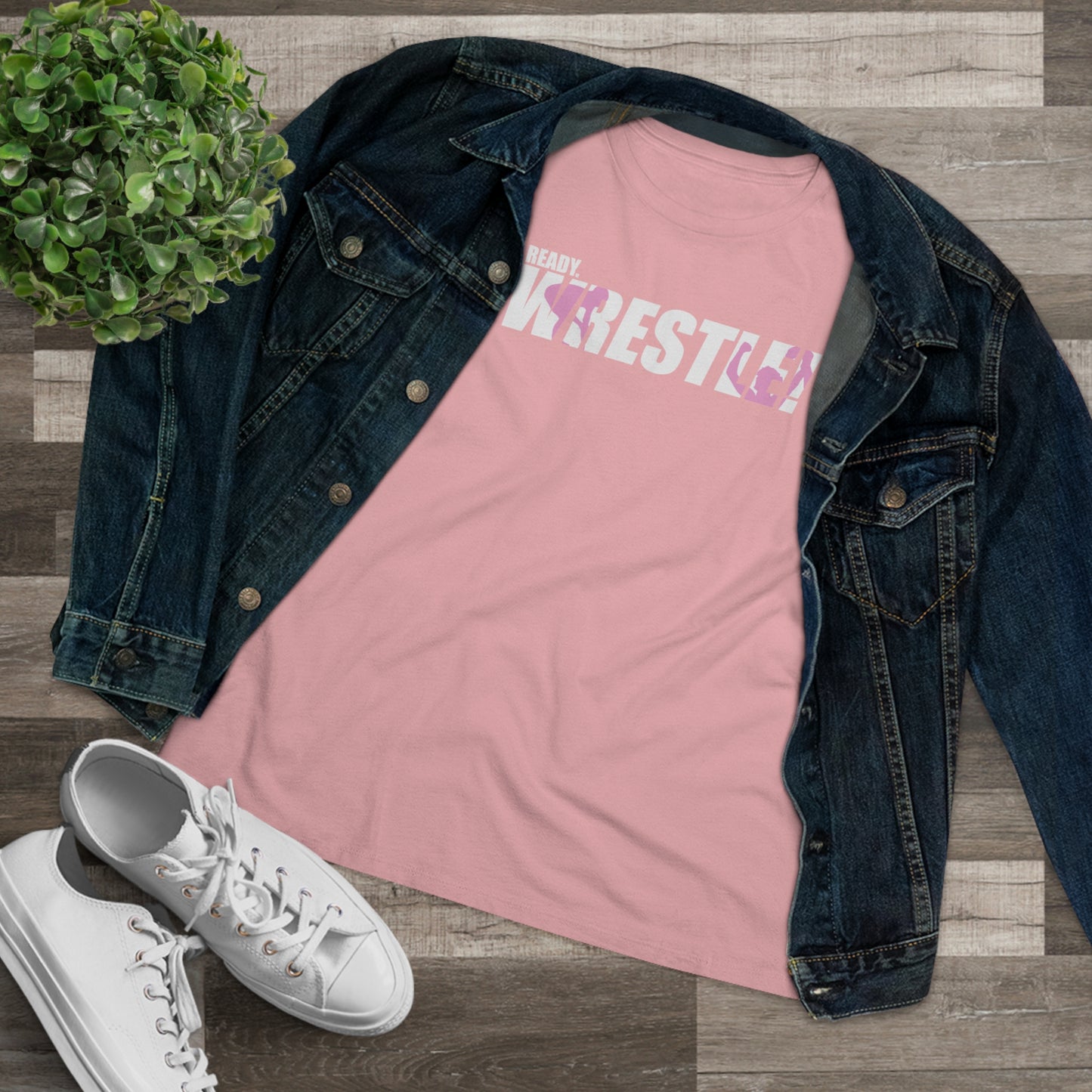 Ready. Wrestle! Women's Midweight Cotton Tee, White/Pink Logo