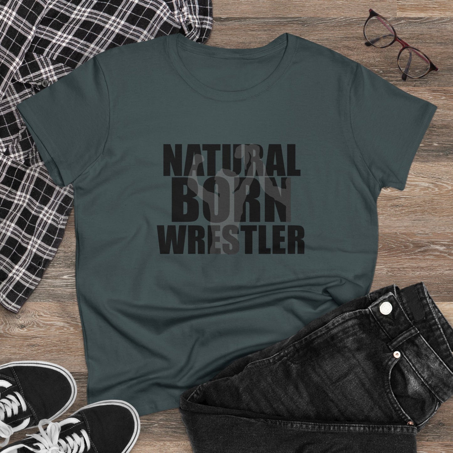 Natural Born Wrestler, Women's Midweight Cotton Tee, Black Letters