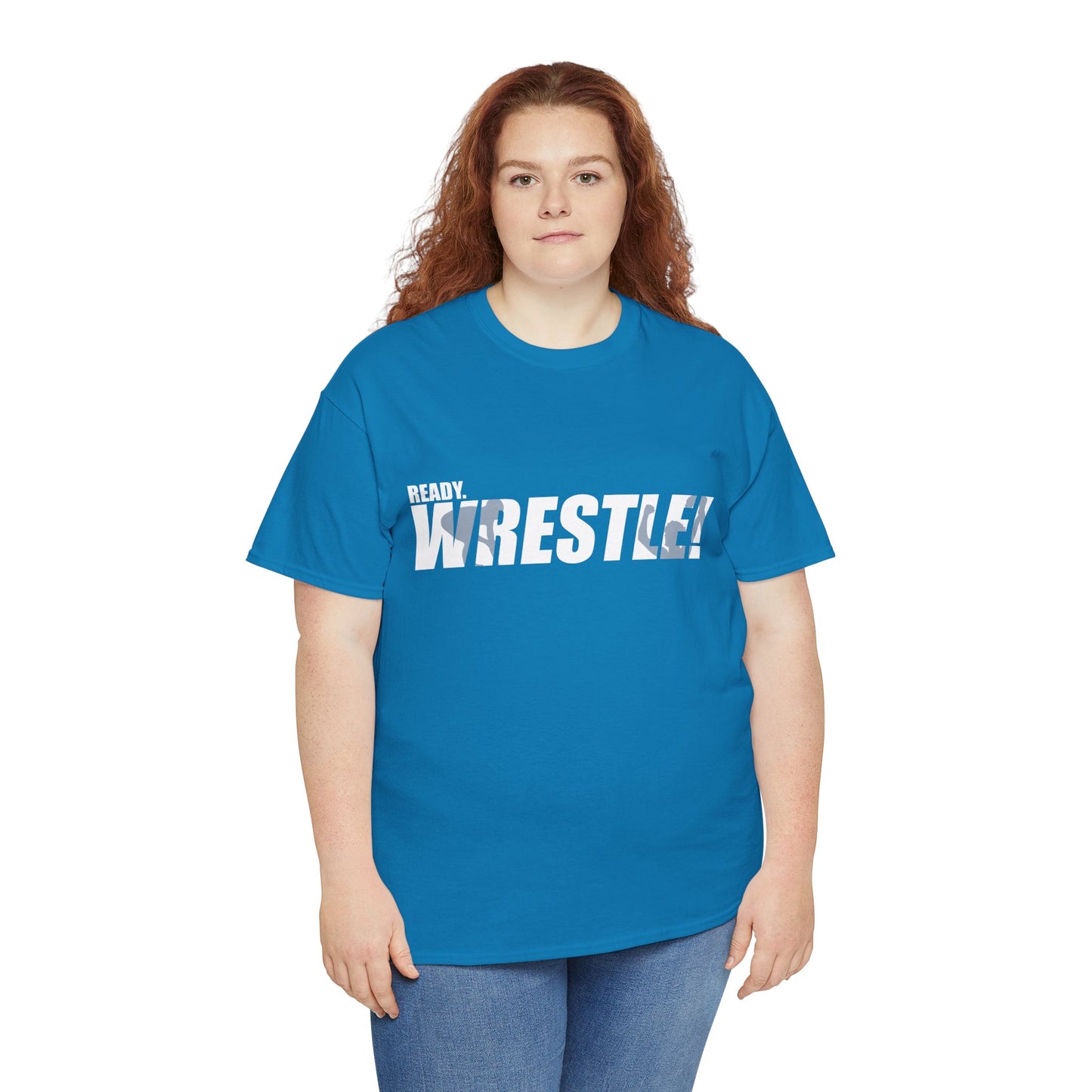 Ready. Wrestle! White Logo w/Blue Silhouettes, Unisex Heavy Cotton Tee