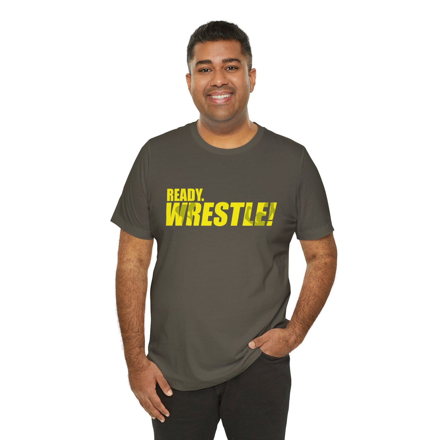 Ready. Wrestle! Gold Logo with Green, Unisex Jersey Short Sleeve Tee