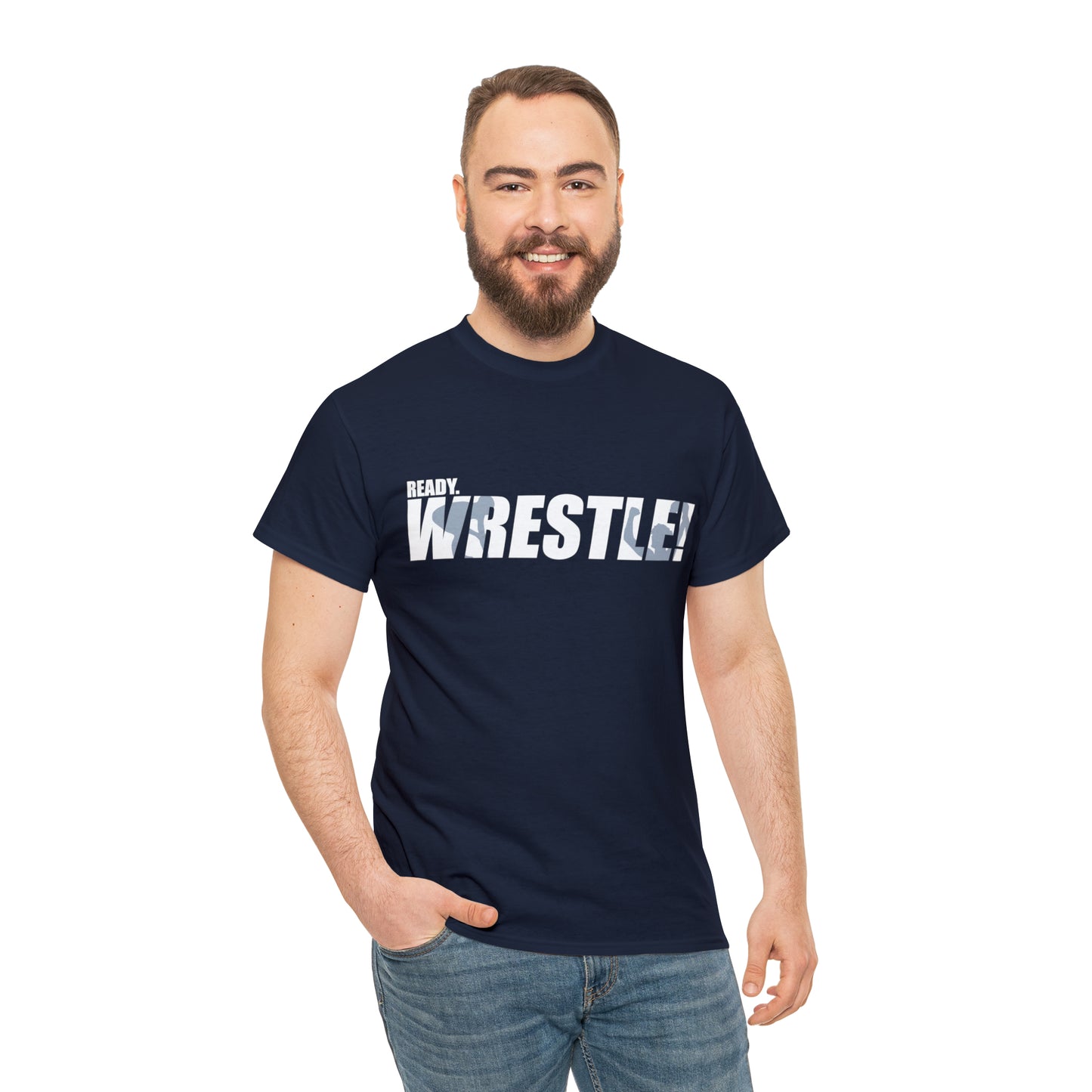 Ready. Wrestle! White Logo w/Blue Silhouettes, Unisex Heavy Cotton Tee