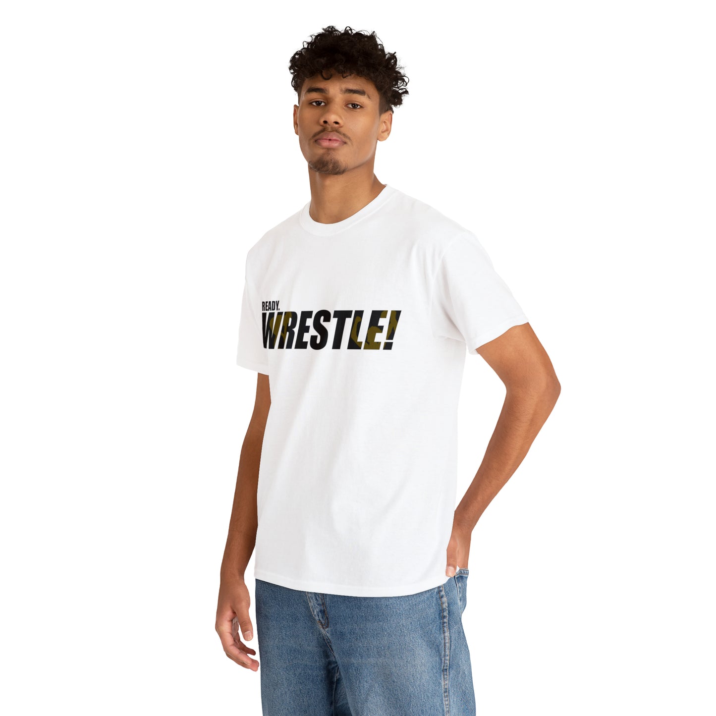 Ready. Wrestle! Black Logo w/Yellow Silhouettes, Unisex Heavy Cotton Tee