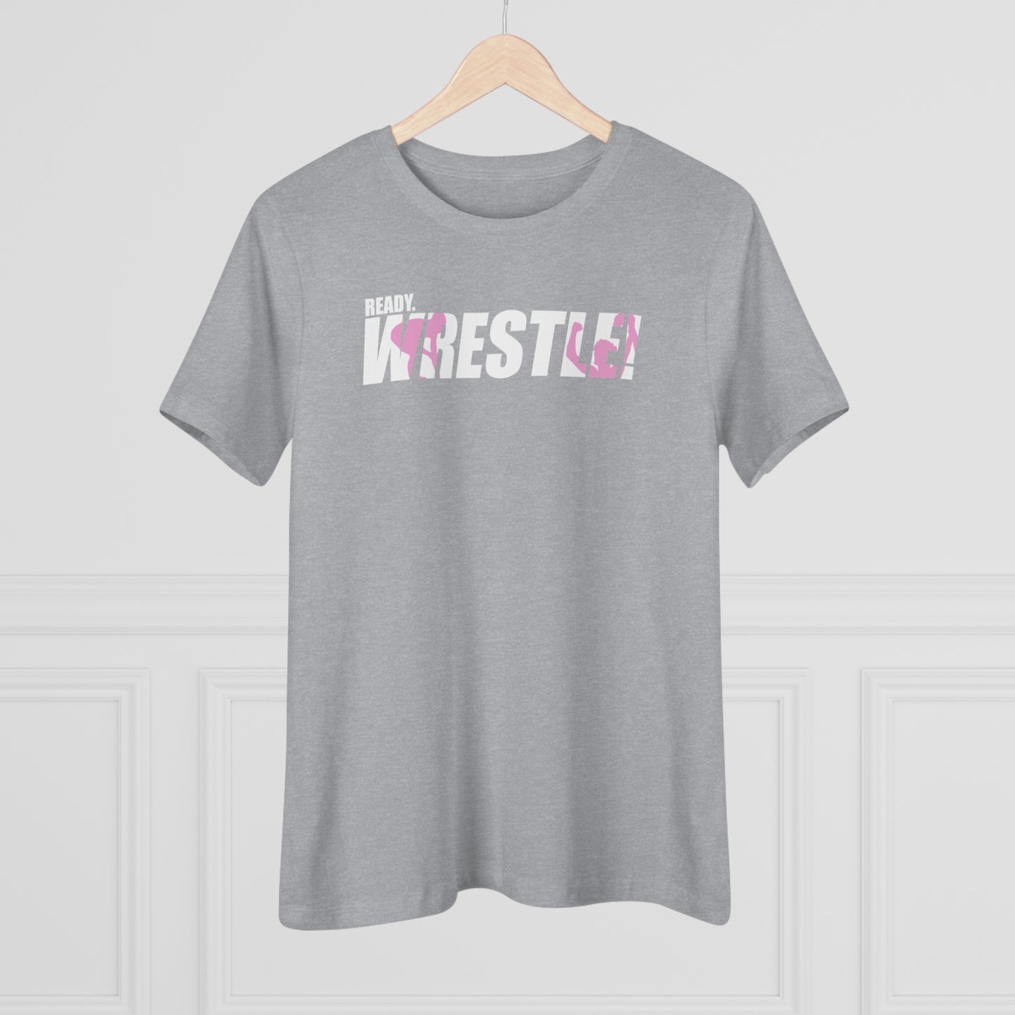 Ready. Wrestle! Women's Midweight Cotton Tee, White/Pink Logo