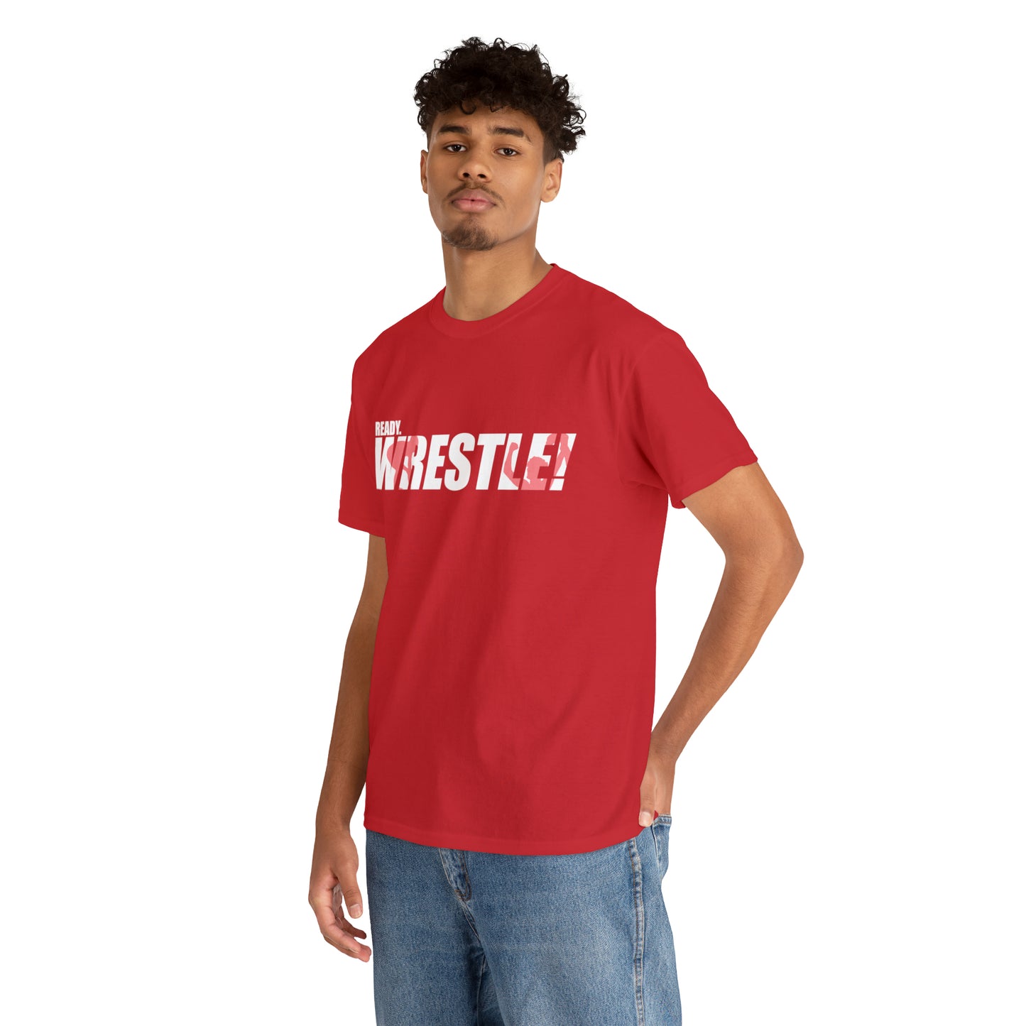 Ready. Wrestle! White Logo w/Red Silhouettes, Unisex Heavy Cotton Tee