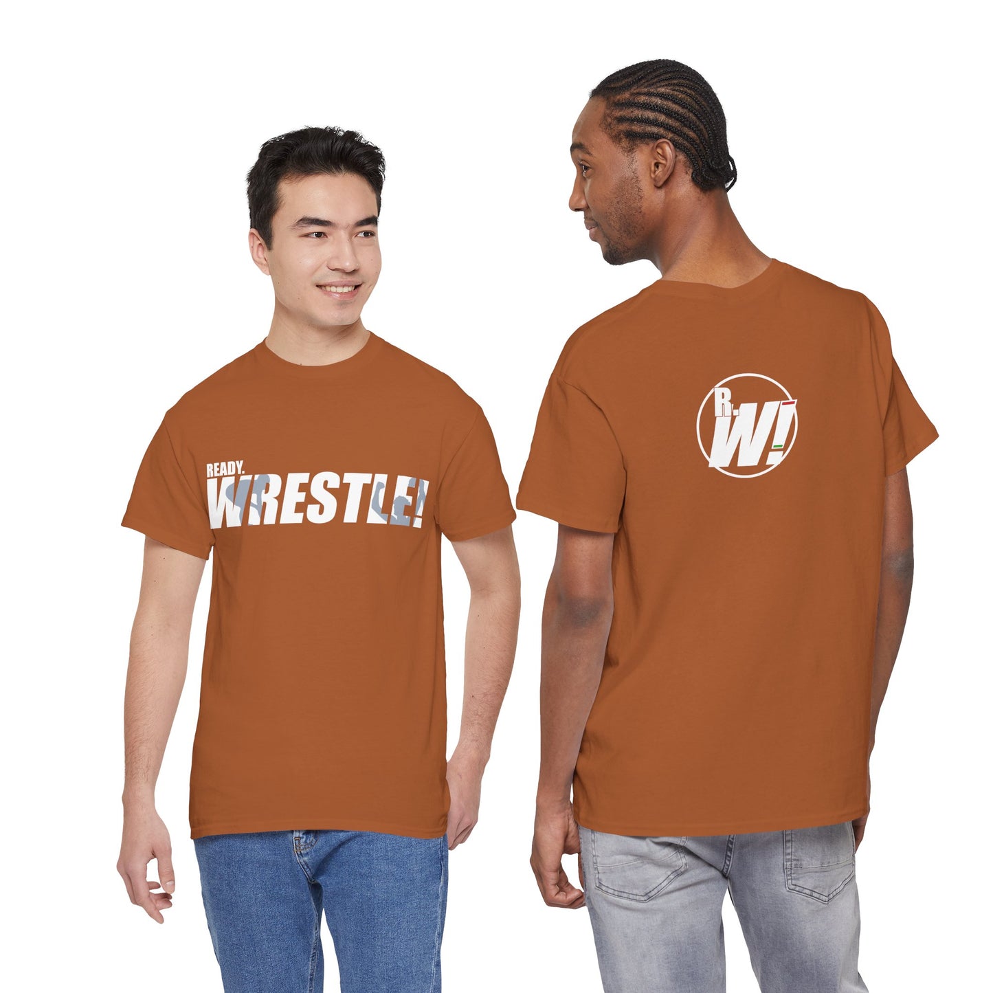 Ready. Wrestle! White Logo w/Blue Silhouettes, Unisex Heavy Cotton Tee