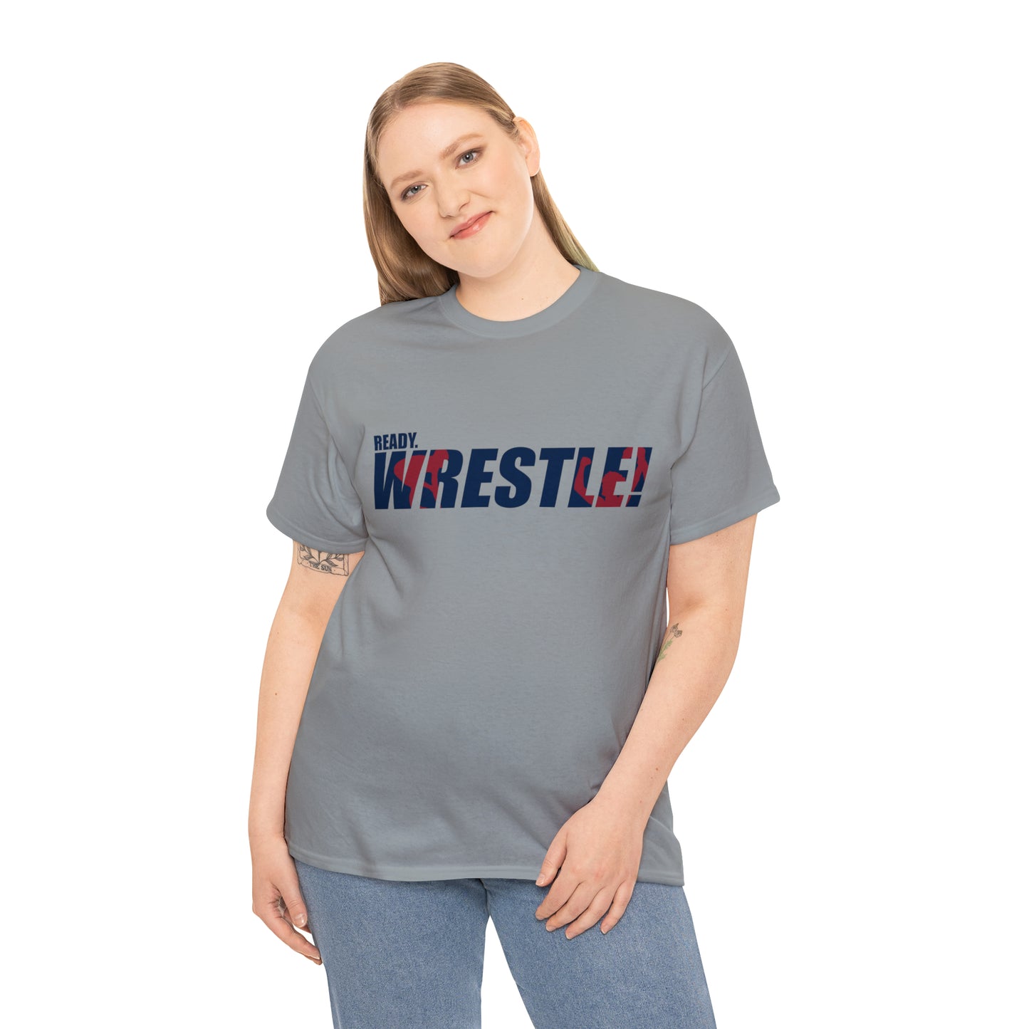 Ready. Wrestle! Navy Logo w/Red Silhouettes, Unisex Heavy Cotton Tee