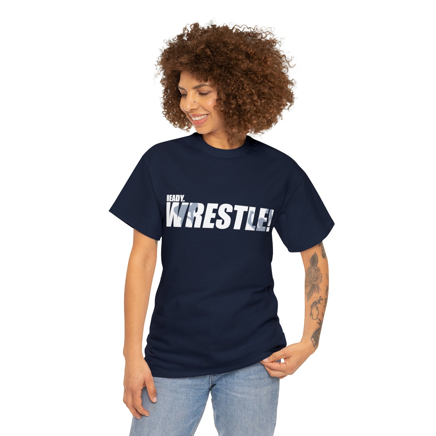 Ready. Wrestle! White Logo w/Blue Silhouettes, Unisex Heavy Cotton Tee