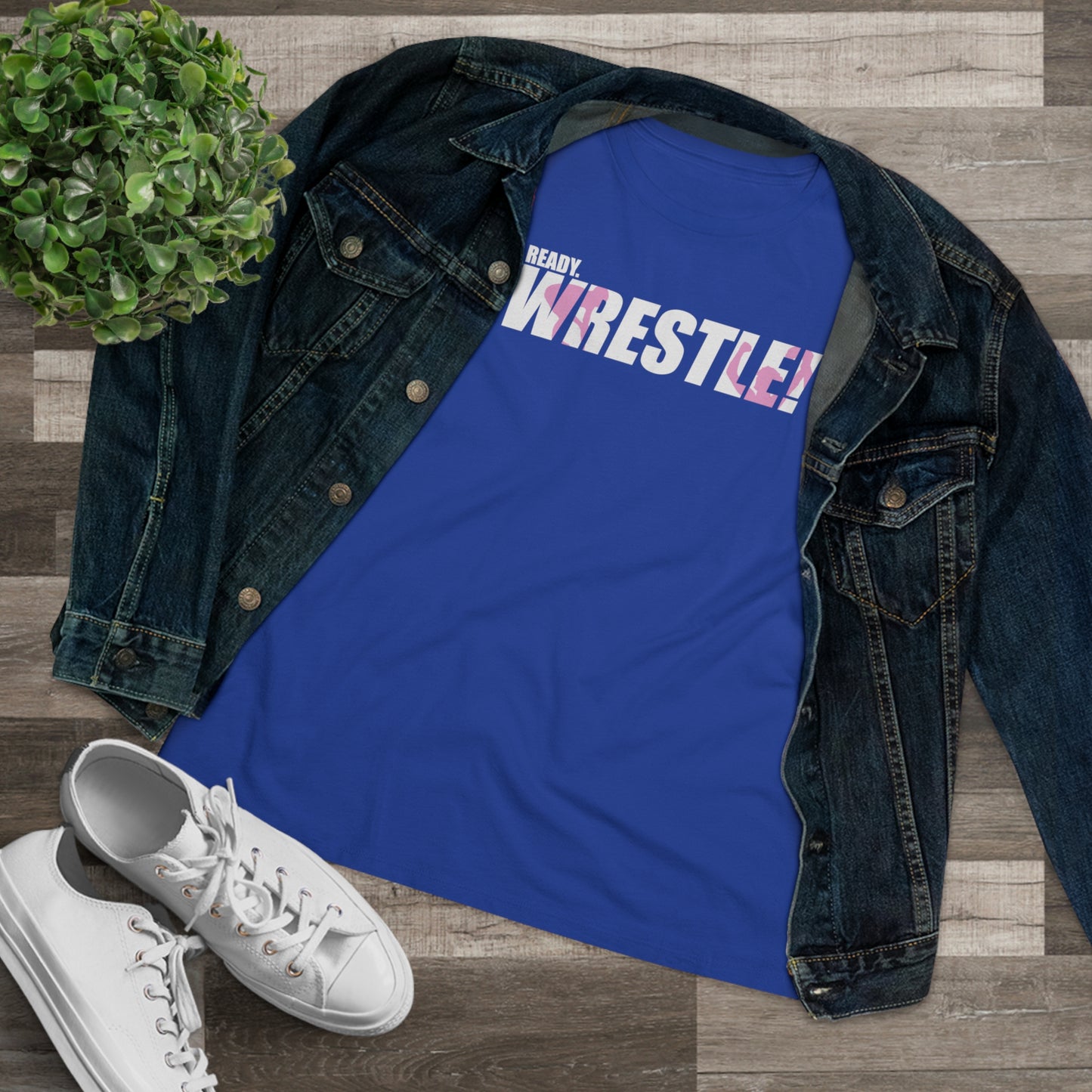 Ready. Wrestle! Women's Midweight Cotton Tee, White/Pink Logo