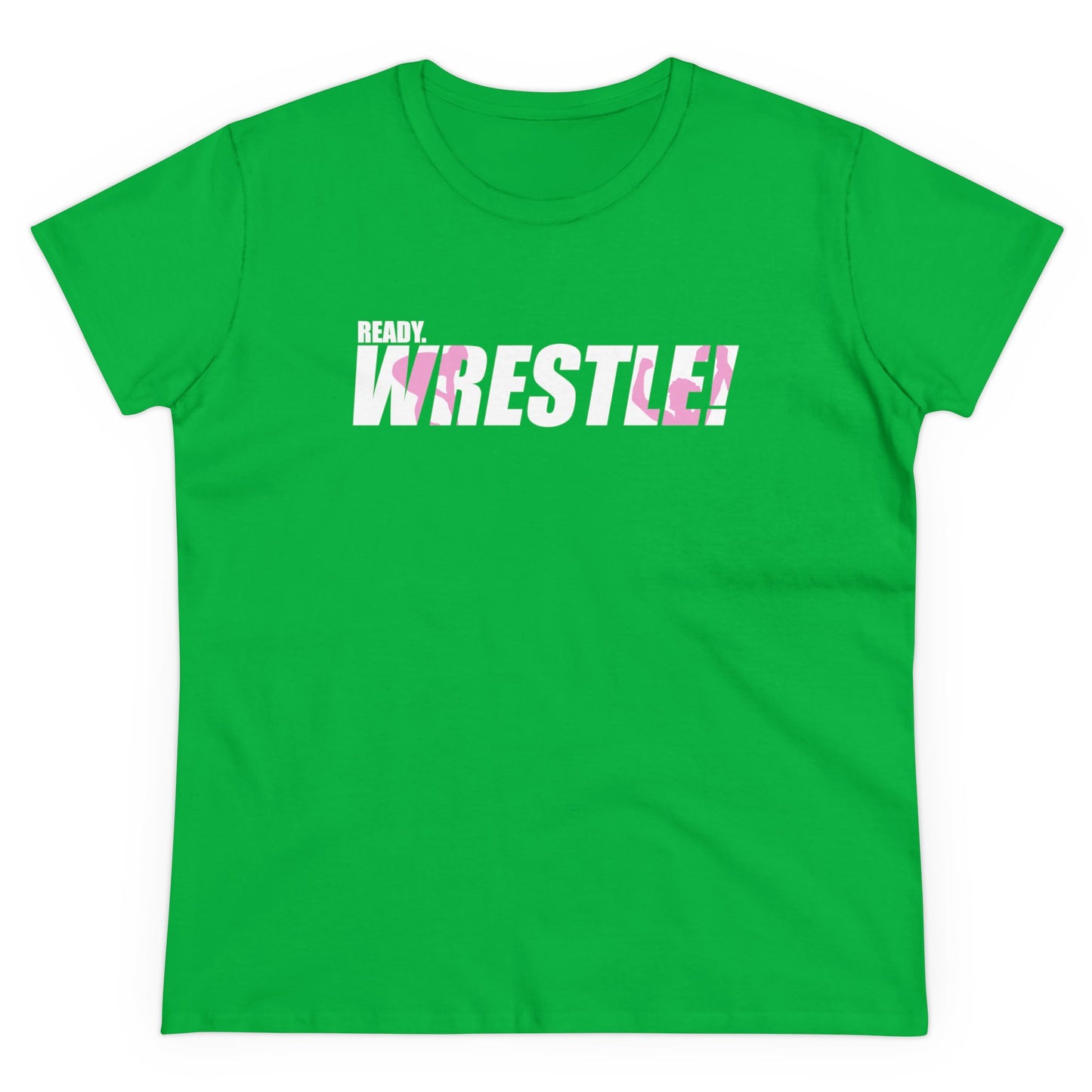 Ready. Wrestle! Women's Midweight Cotton Tee, White/Pink Logo