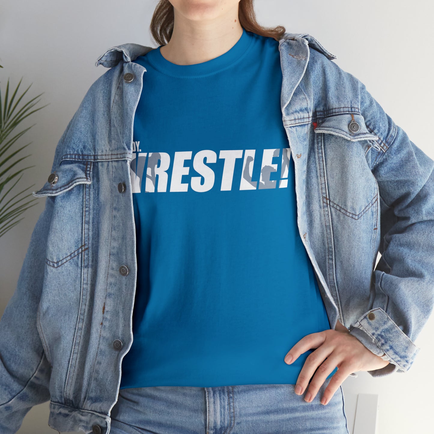 Ready. Wrestle! White Logo w/Blue Silhouettes, Unisex Heavy Cotton Tee