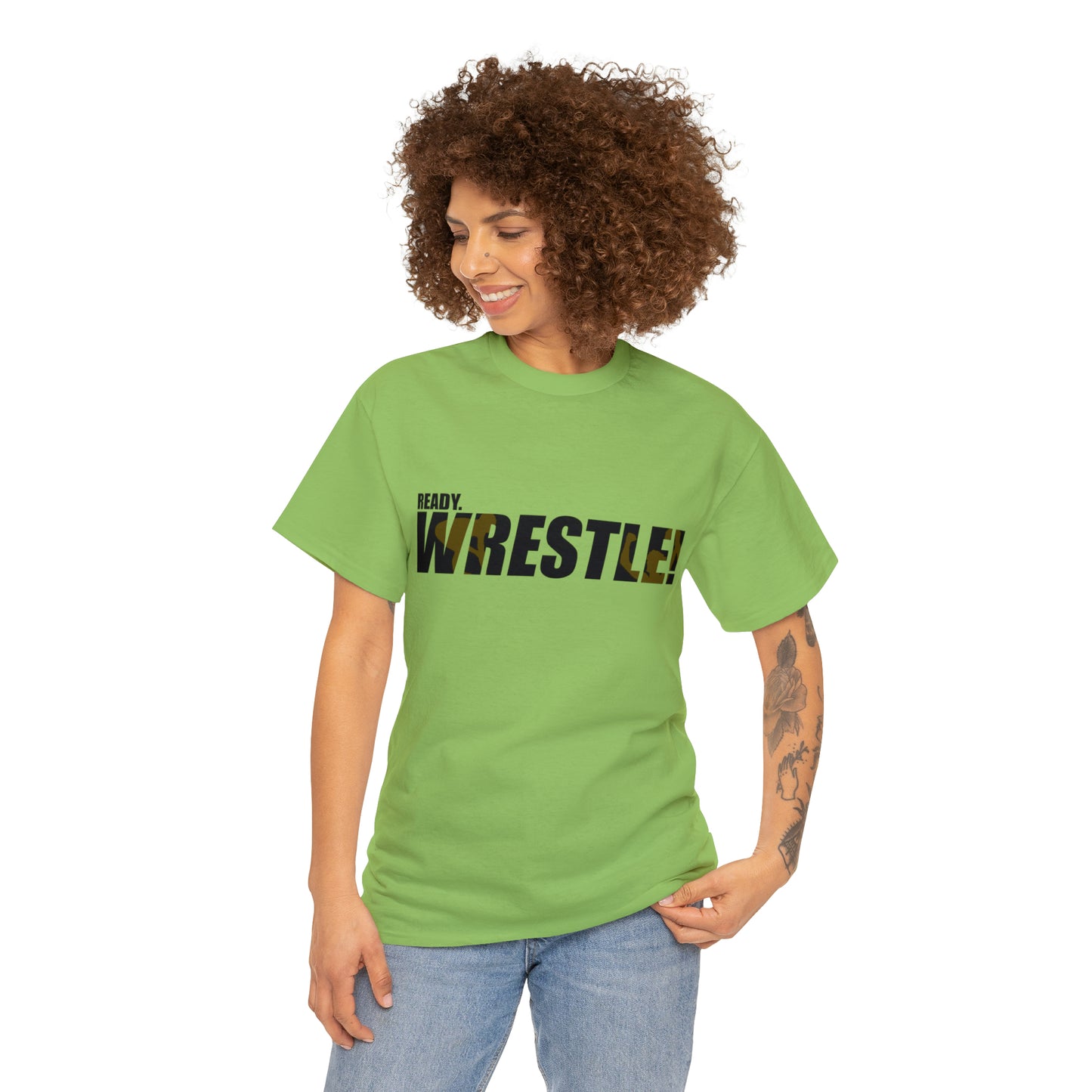 Ready. Wrestle! Black Logo w/Yellow Silhouettes, Unisex Heavy Cotton Tee