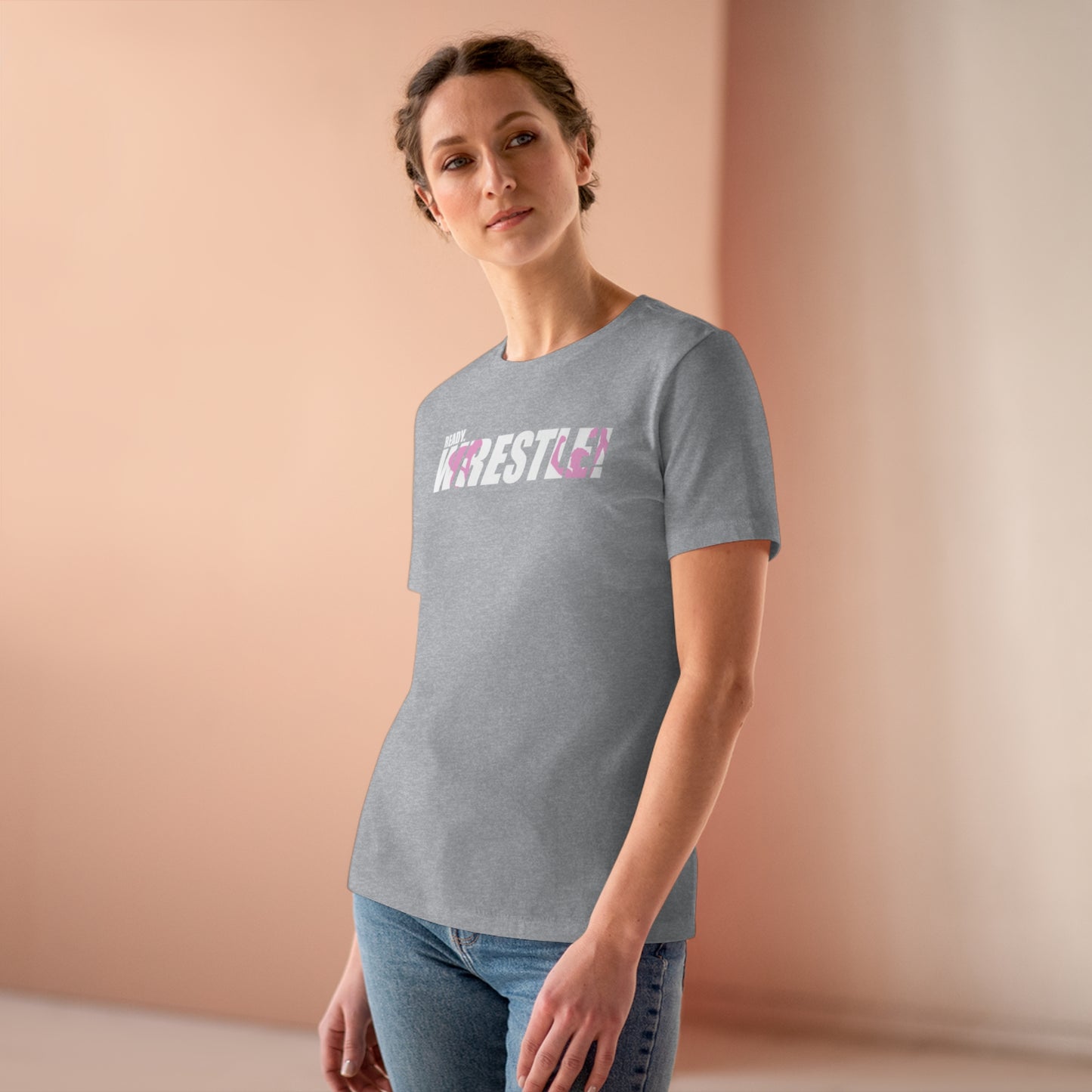 Ready. Wrestle! Women's Midweight Cotton Tee, White/Pink Logo