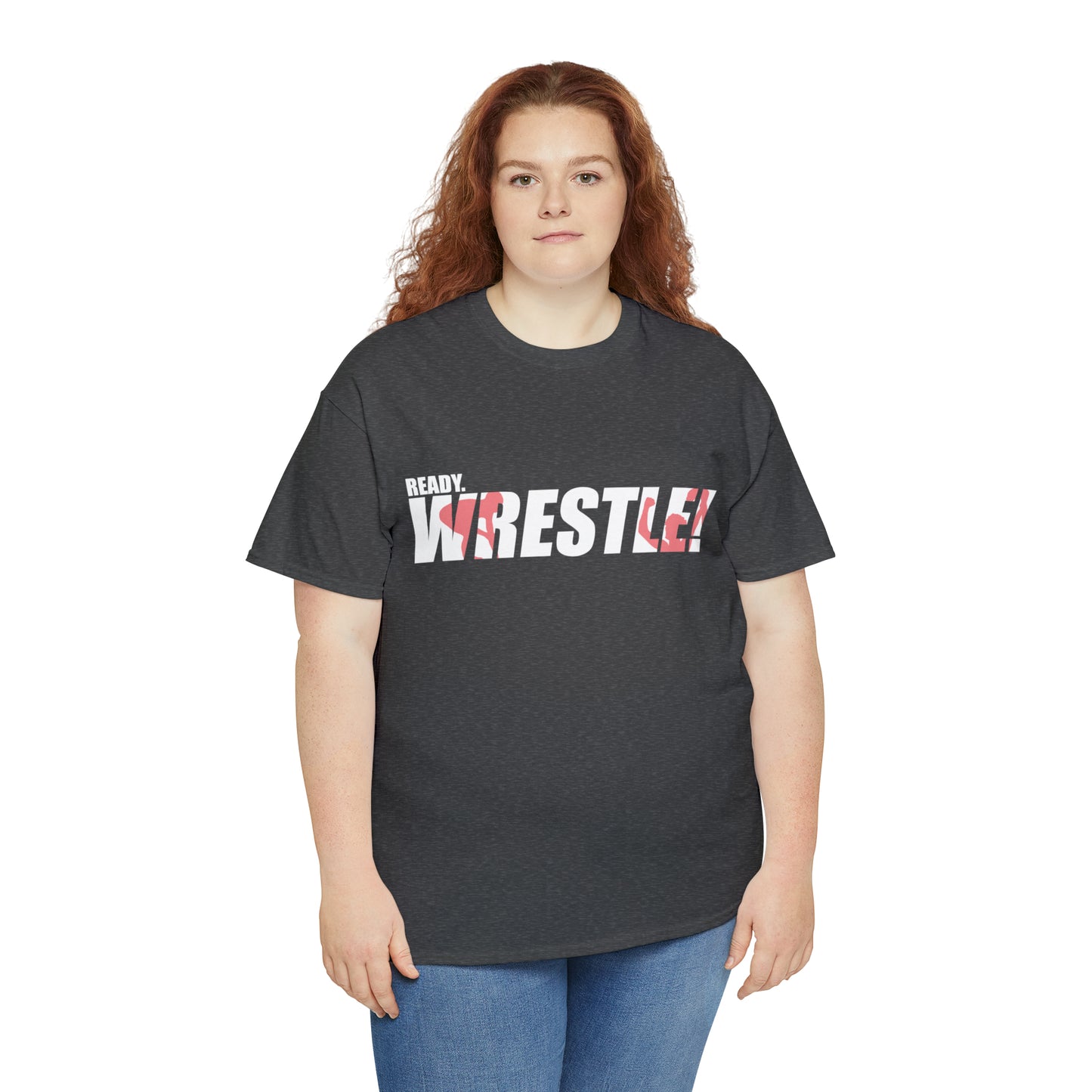 Ready. Wrestle! White Logo w/Red Silhouettes, Unisex Heavy Cotton Tee