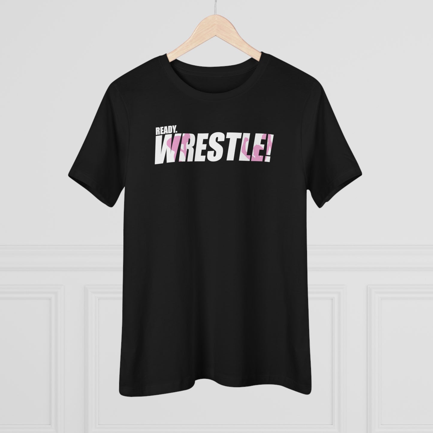 Ready. Wrestle! Women's Midweight Cotton Tee, White/Pink Logo