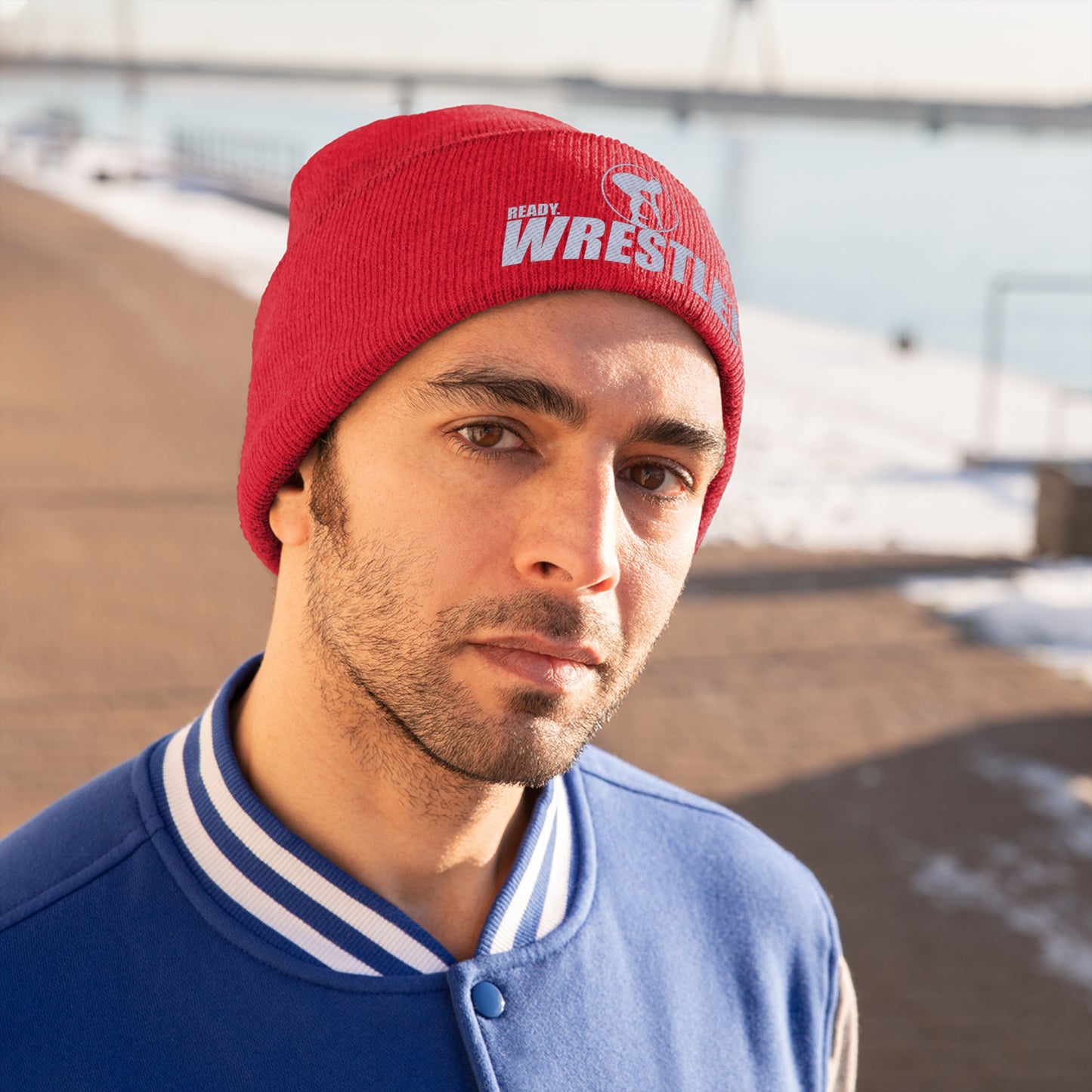 Ready. Wrestle! Knit Beanie, White Logo