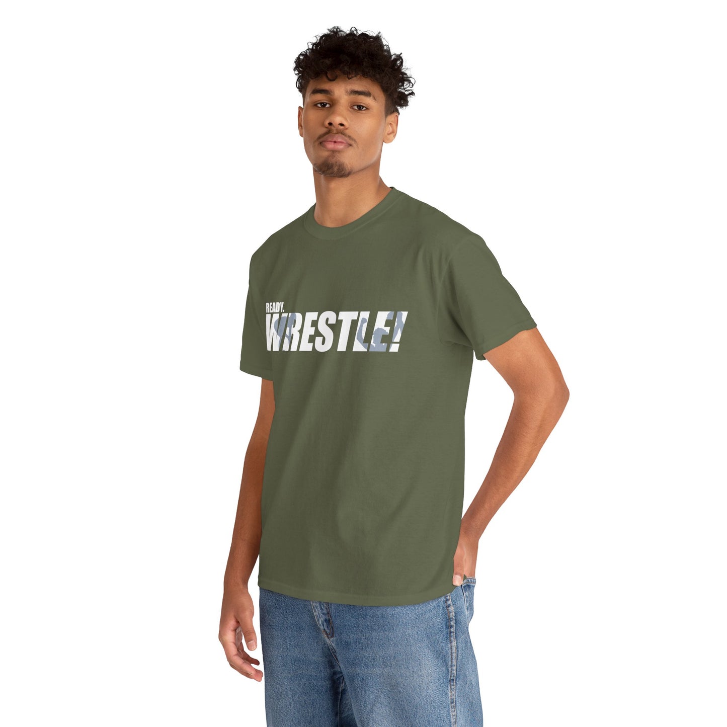 Ready. Wrestle! White Logo w/Blue Silhouettes, Unisex Heavy Cotton Tee