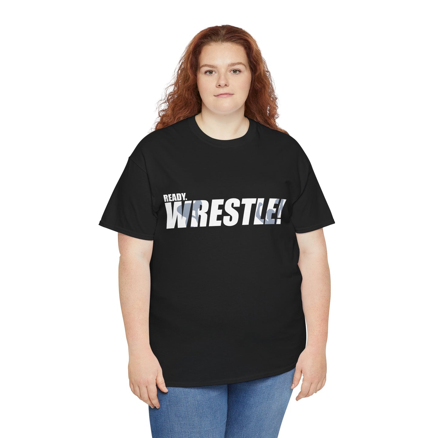 Ready. Wrestle! White Logo w/Blue Silhouettes, Unisex Heavy Cotton Tee