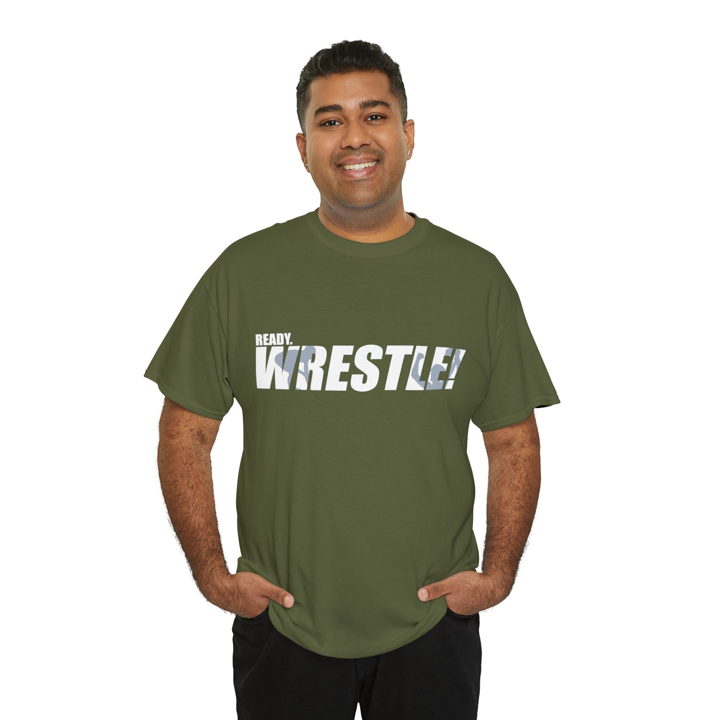 Ready. Wrestle! White Logo w/Blue Silhouettes, Unisex Heavy Cotton Tee