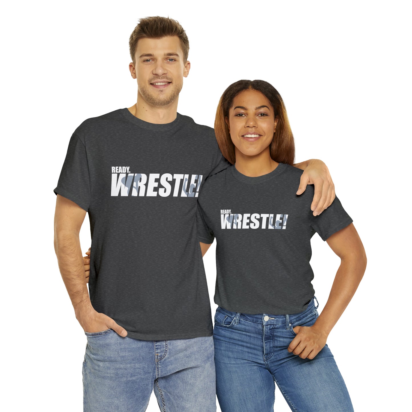 Ready. Wrestle! White Logo w/Blue Silhouettes, Unisex Heavy Cotton Tee