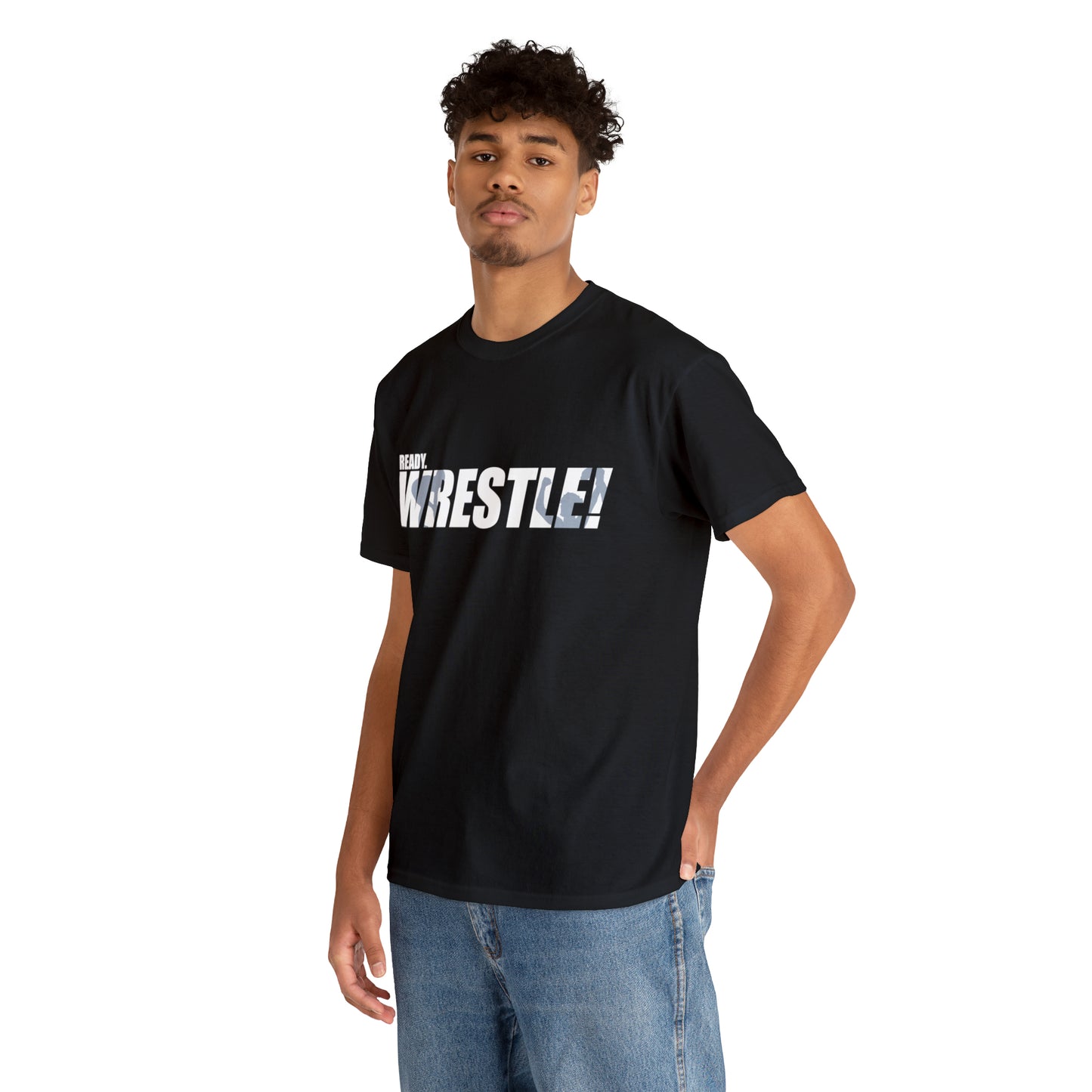 Ready. Wrestle! White Logo w/Blue Silhouettes, Unisex Heavy Cotton Tee