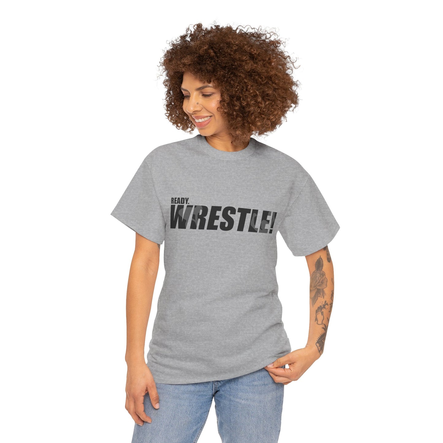 Ready. Wrestle! Black Logo w/White Silhouettes, Unisex Heavy Cotton Tee