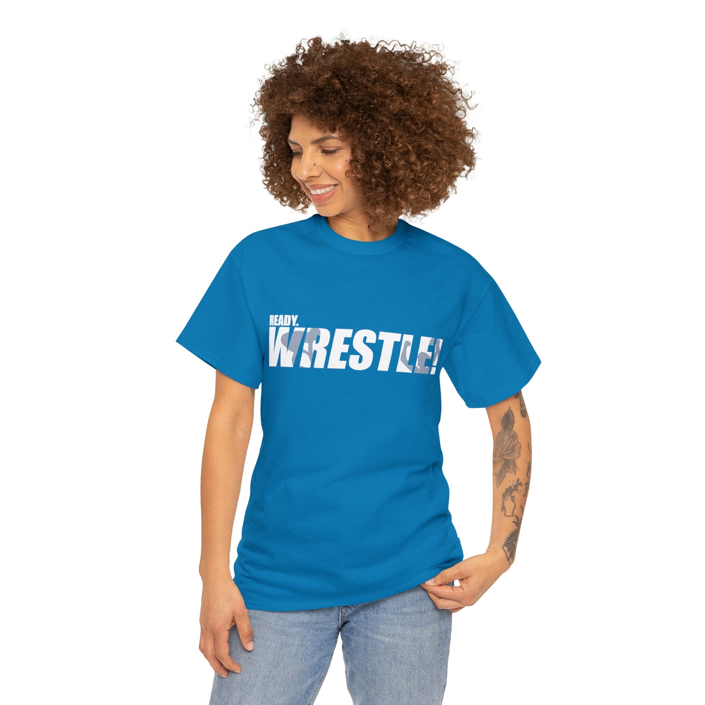 Ready. Wrestle! White Logo w/Blue Silhouettes, Unisex Heavy Cotton Tee