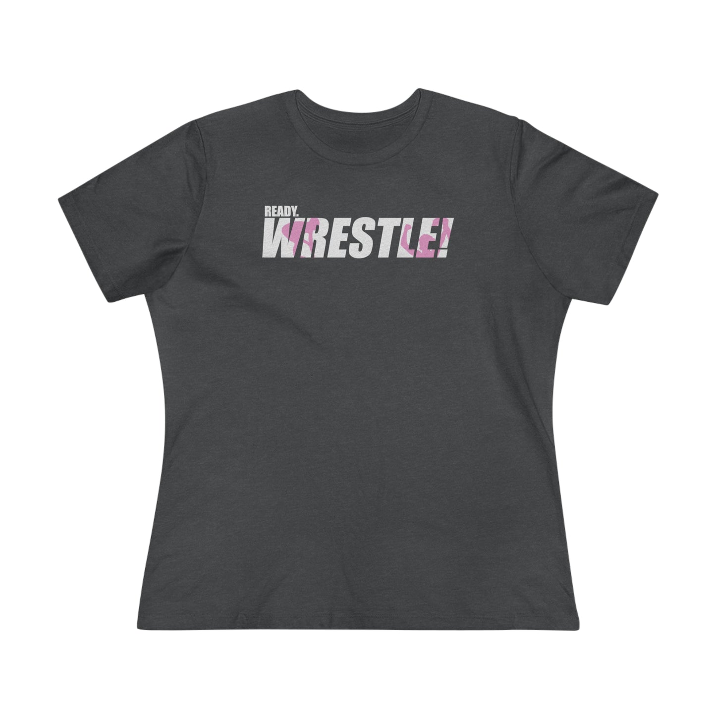 Ready. Wrestle! Women's Midweight Cotton Tee, White/Pink Logo