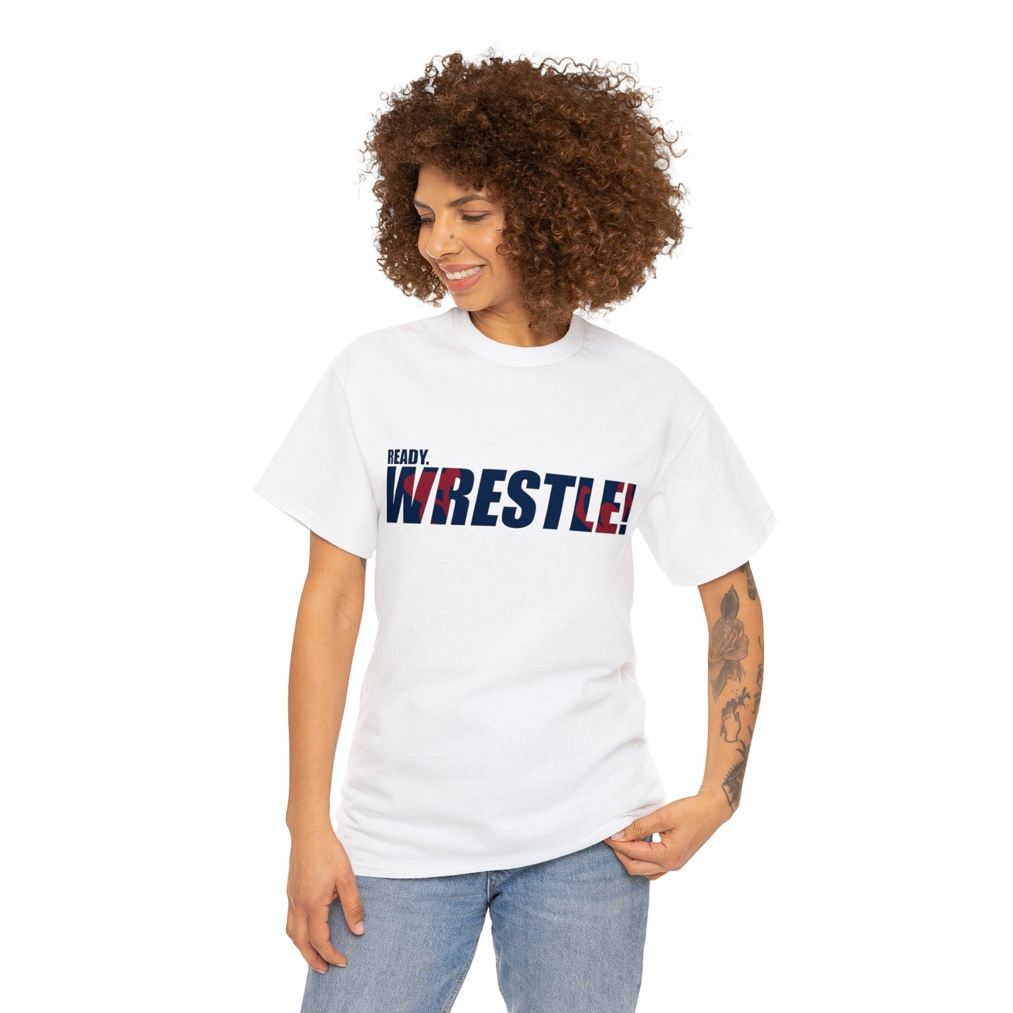 Ready. Wrestle! Navy Logo w/Red Silhouettes, Unisex Heavy Cotton Tee