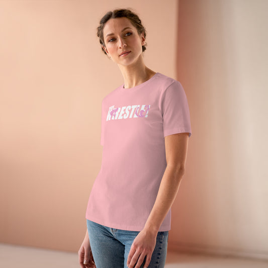 Ready. Wrestle! Women's Midweight Cotton Tee, White/Pink Logo