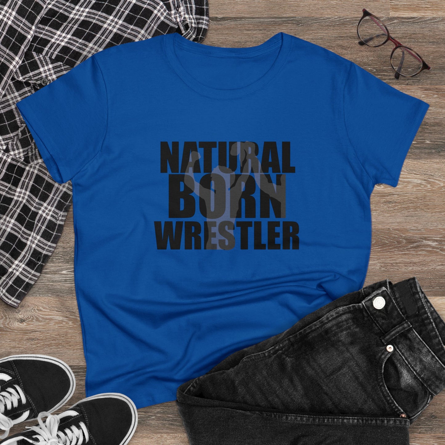 Natural Born Wrestler, Women's Midweight Cotton Tee, Black Letters