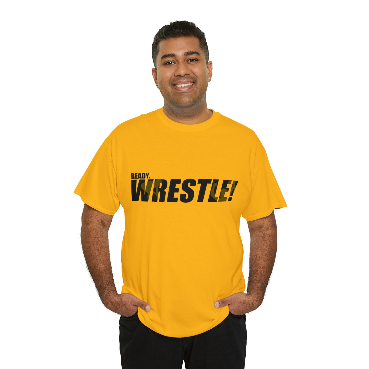 Ready. Wrestle! Black Logo w/Yellow Silhouettes, Unisex Heavy Cotton Tee