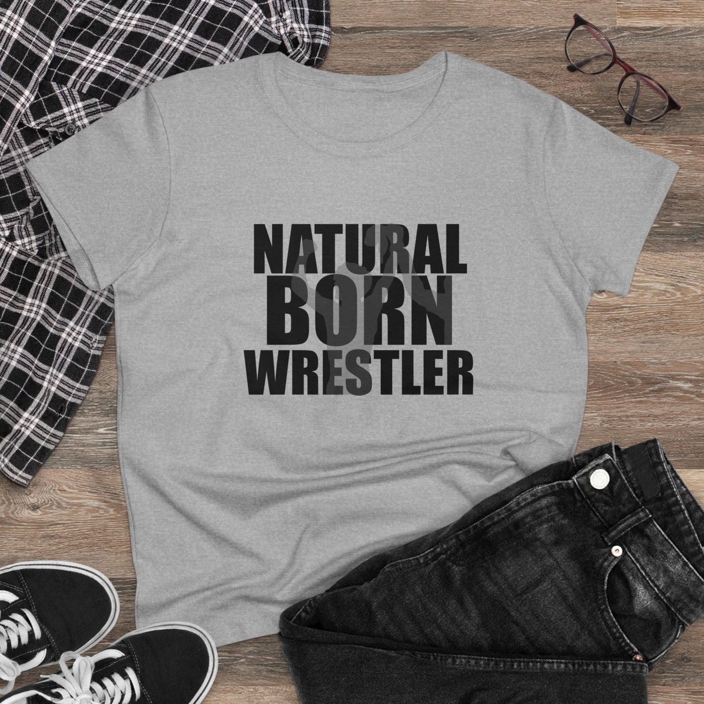 Natural Born Wrestler, Women's Midweight Cotton Tee, Black Letters