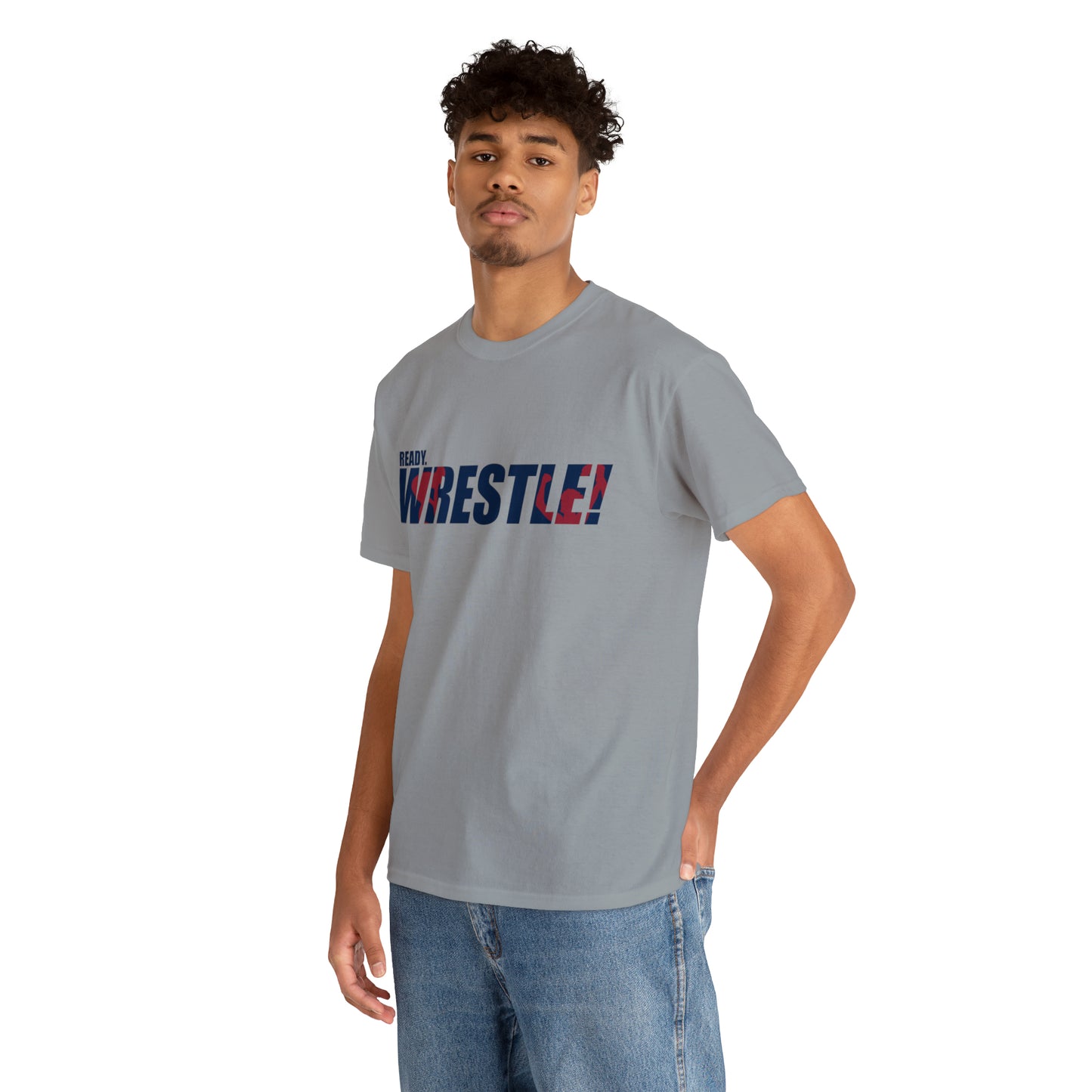 Ready. Wrestle! Navy Logo w/Red Silhouettes, Unisex Heavy Cotton Tee