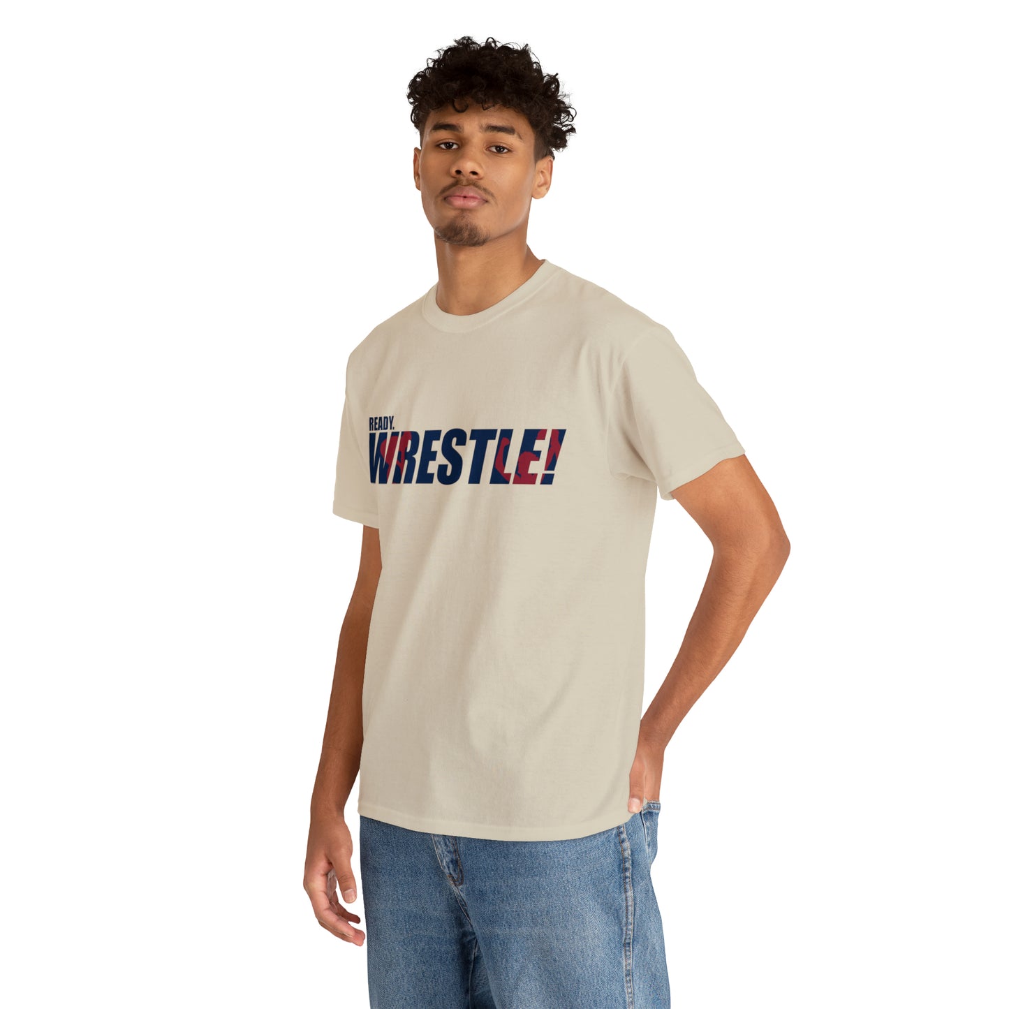 Ready. Wrestle! Navy Logo w/Red Silhouettes, Unisex Heavy Cotton Tee