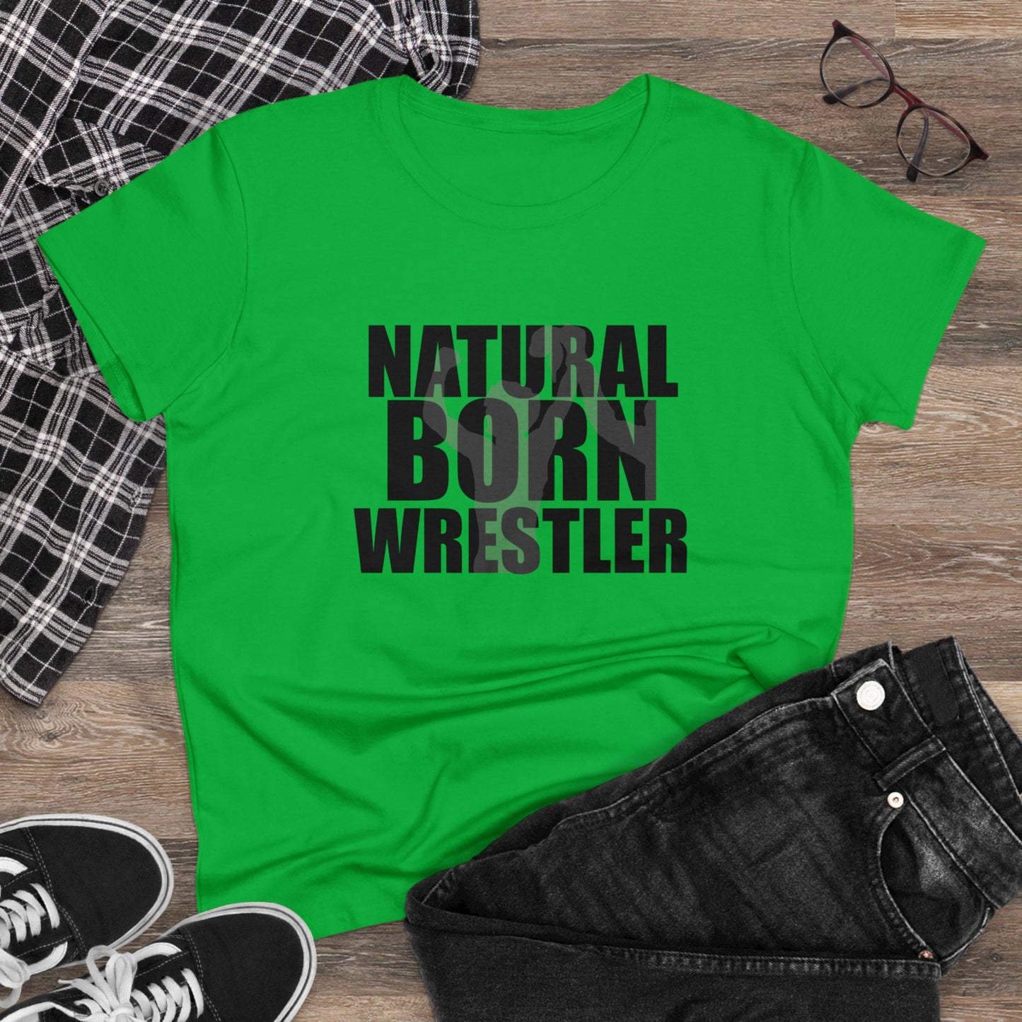 Natural Born Wrestler, Women's Midweight Cotton Tee, Black Letters