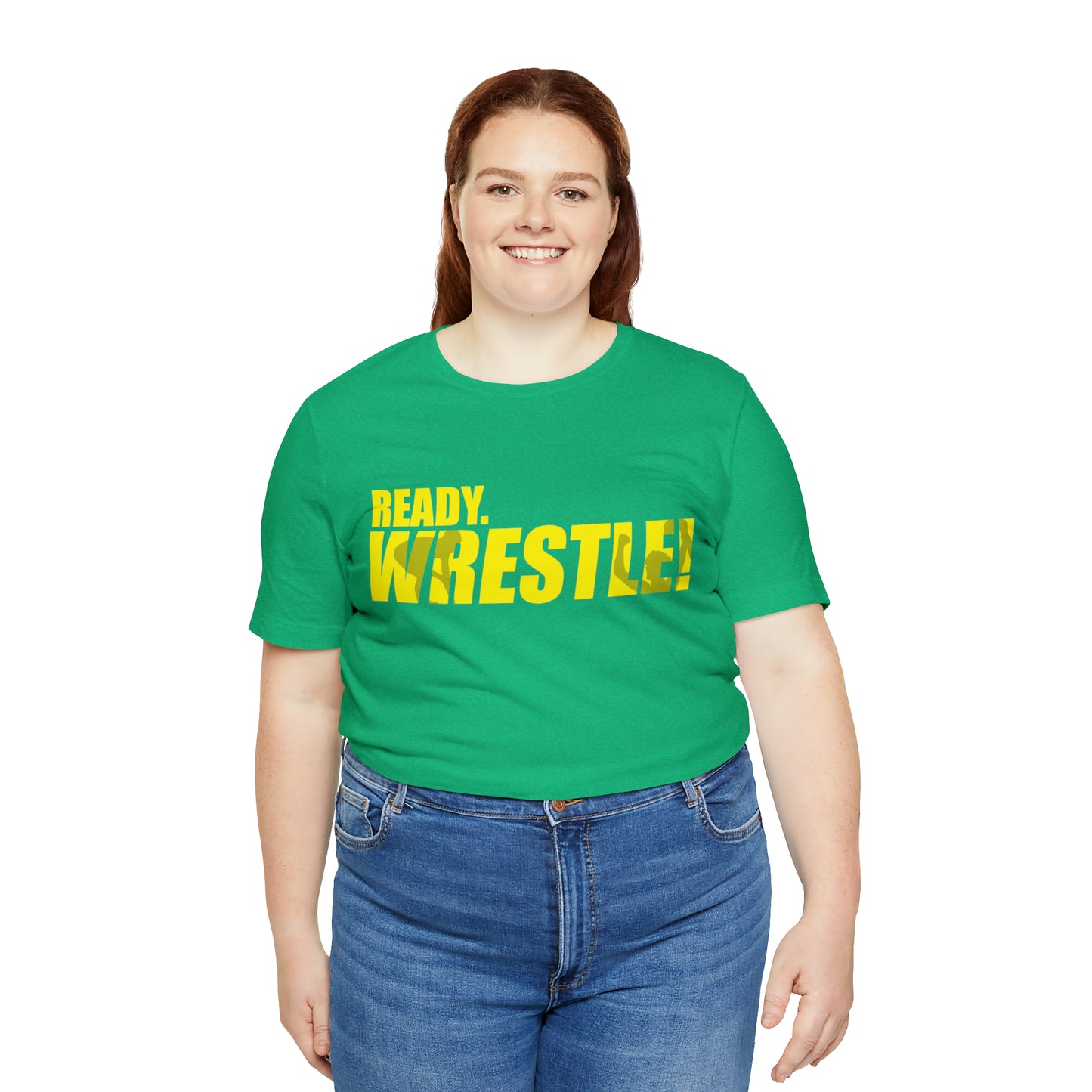 Ready. Wrestle! Gold Logo with Green, Unisex Jersey Short Sleeve Tee