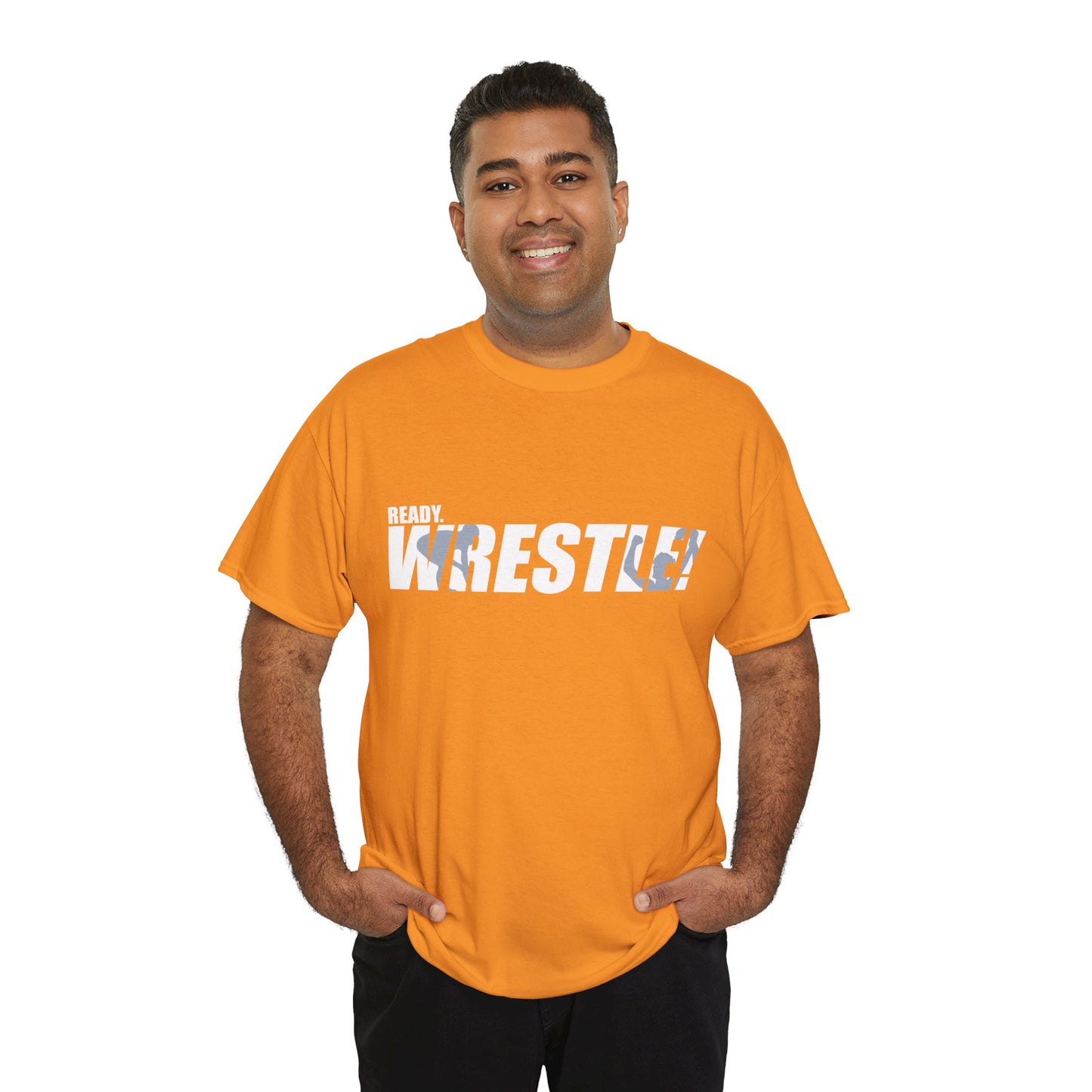 Ready. Wrestle! White Logo w/Blue Silhouettes, Unisex Heavy Cotton Tee
