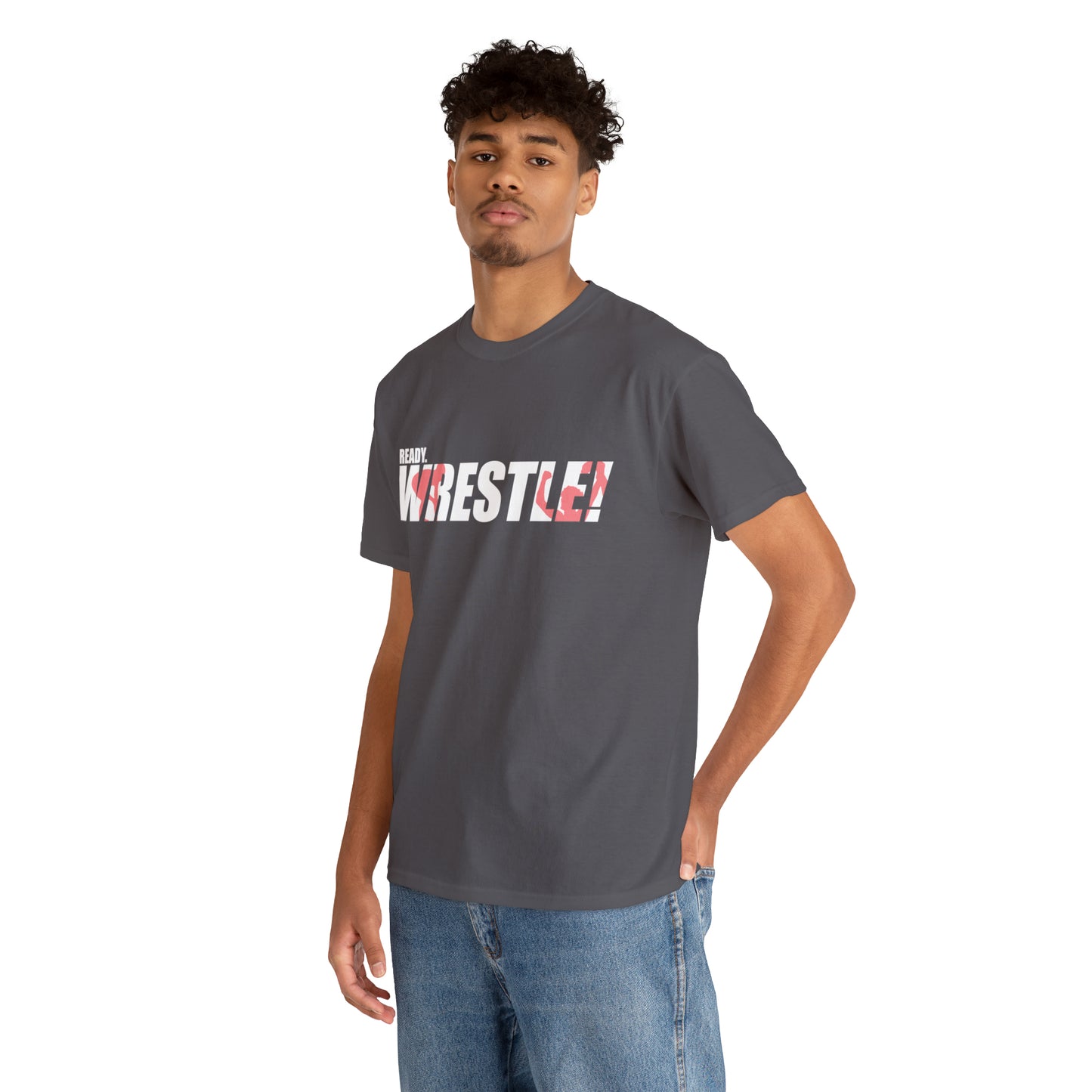 Ready. Wrestle! White Logo w/Red Silhouettes, Unisex Heavy Cotton Tee