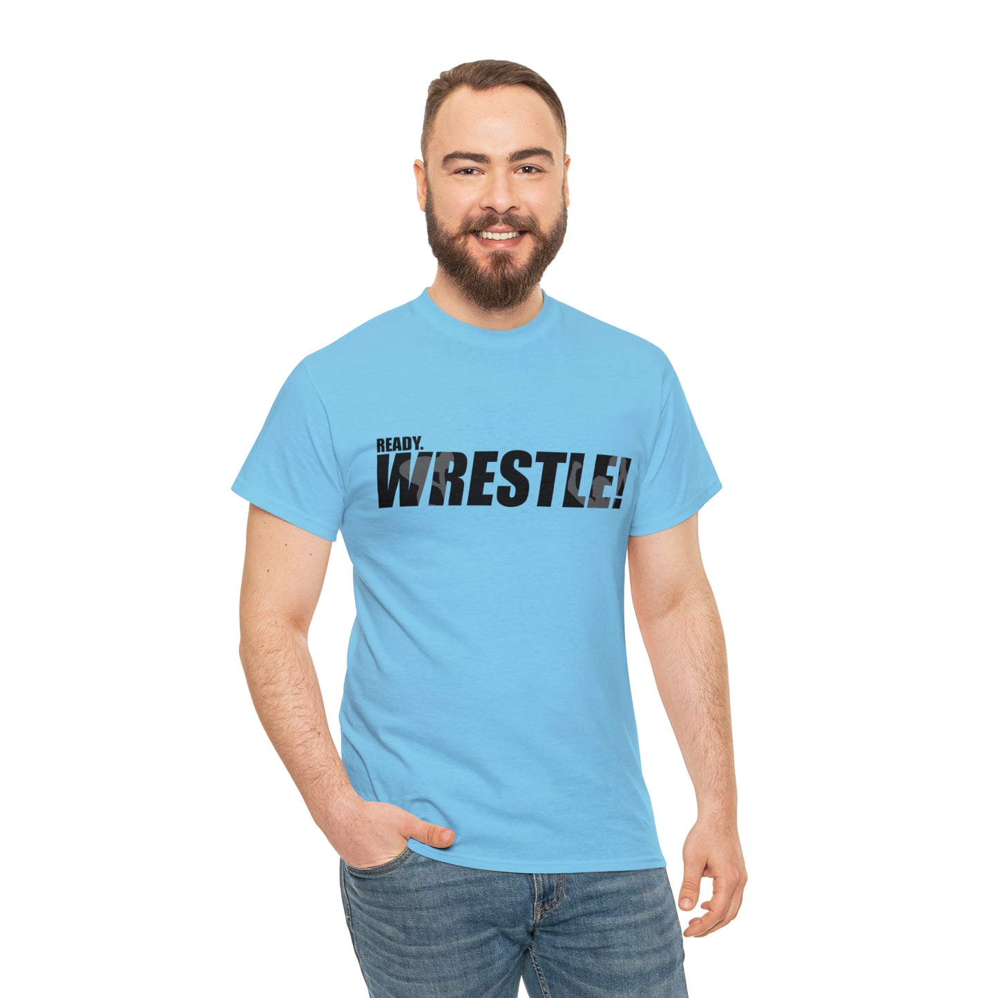 Ready. Wrestle! Black Logo w/White Silhouettes, Unisex Heavy Cotton Tee