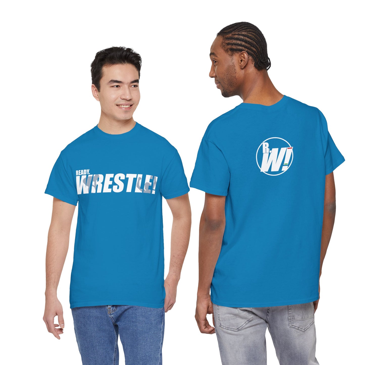 Ready. Wrestle! White Logo w/Blue Silhouettes, Unisex Heavy Cotton Tee