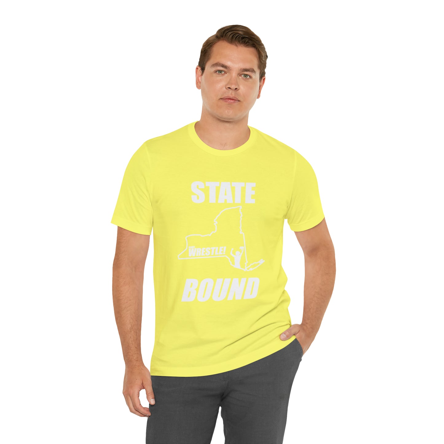 New York State Bound, Unisex Jersey Short Sleeve Tee, White Logo