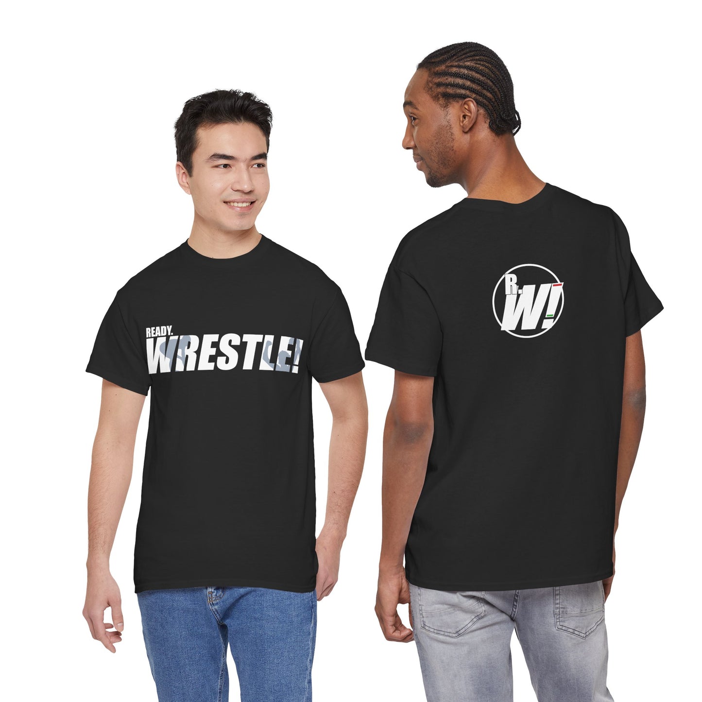 Ready. Wrestle! White Logo w/Blue Silhouettes, Unisex Heavy Cotton Tee