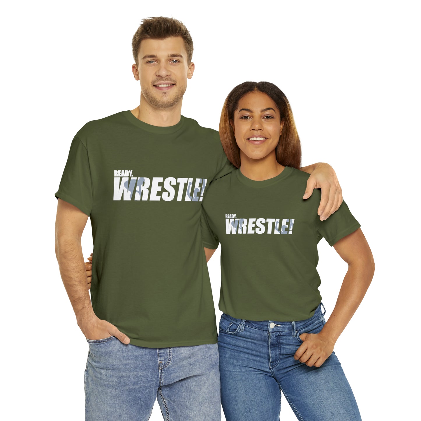 Ready. Wrestle! White Logo w/Blue Silhouettes, Unisex Heavy Cotton Tee