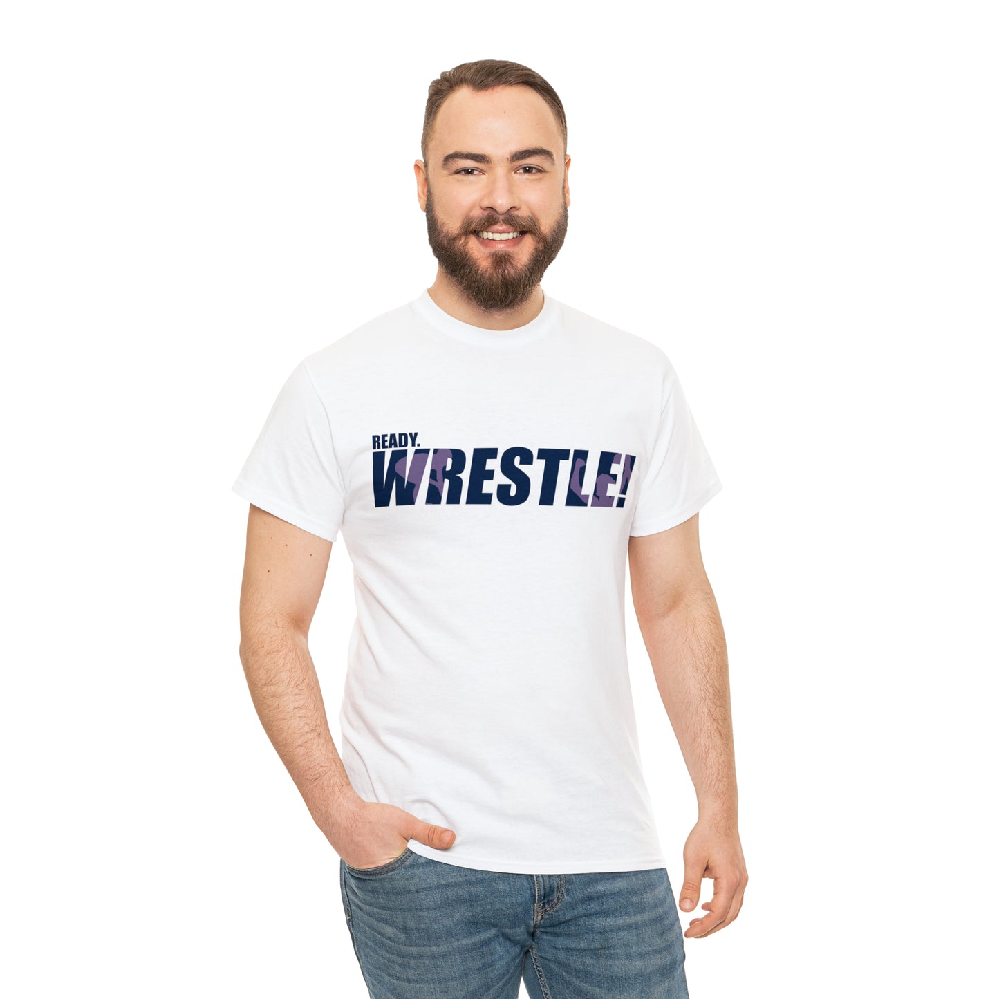 Ready. Wrestle! Navy Logo w/Pink Silhouettes, Unisex Heavy Cotton Tee