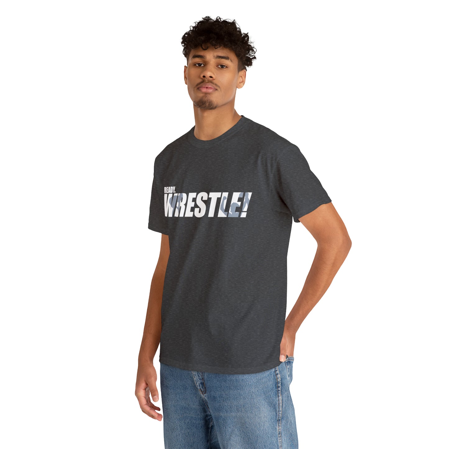 Ready. Wrestle! White Logo w/Blue Silhouettes, Unisex Heavy Cotton Tee