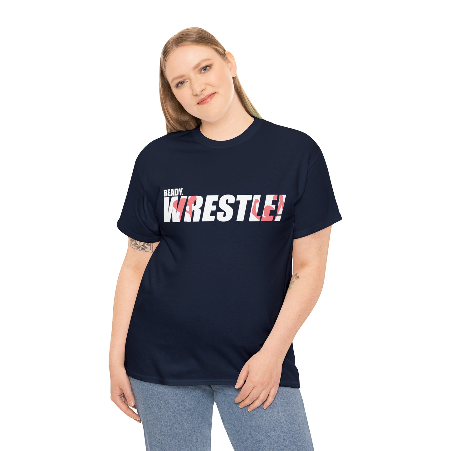 Ready. Wrestle! White Logo w/Red Silhouettes, Unisex Heavy Cotton Tee