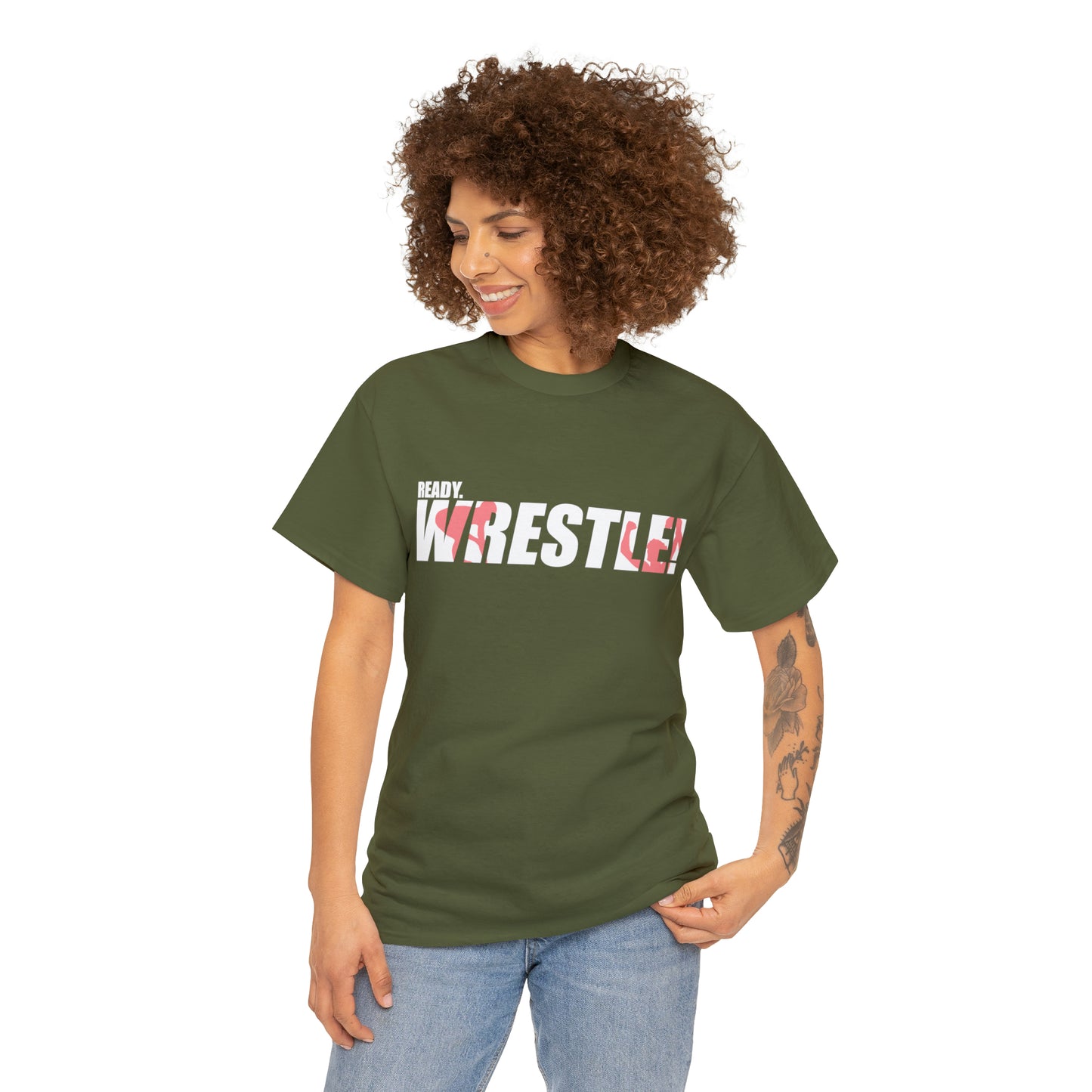 Ready. Wrestle! White Logo w/Red Silhouettes, Unisex Heavy Cotton Tee