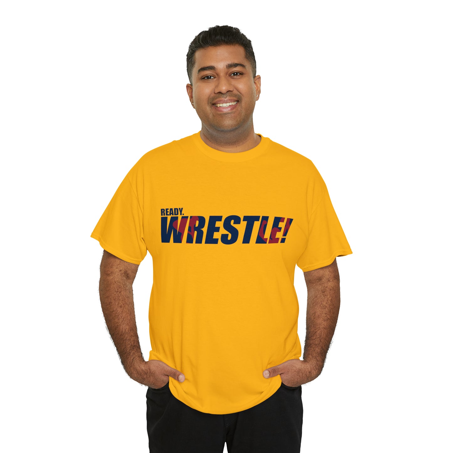 Ready. Wrestle! Navy Logo w/Red Silhouettes, Unisex Heavy Cotton Tee